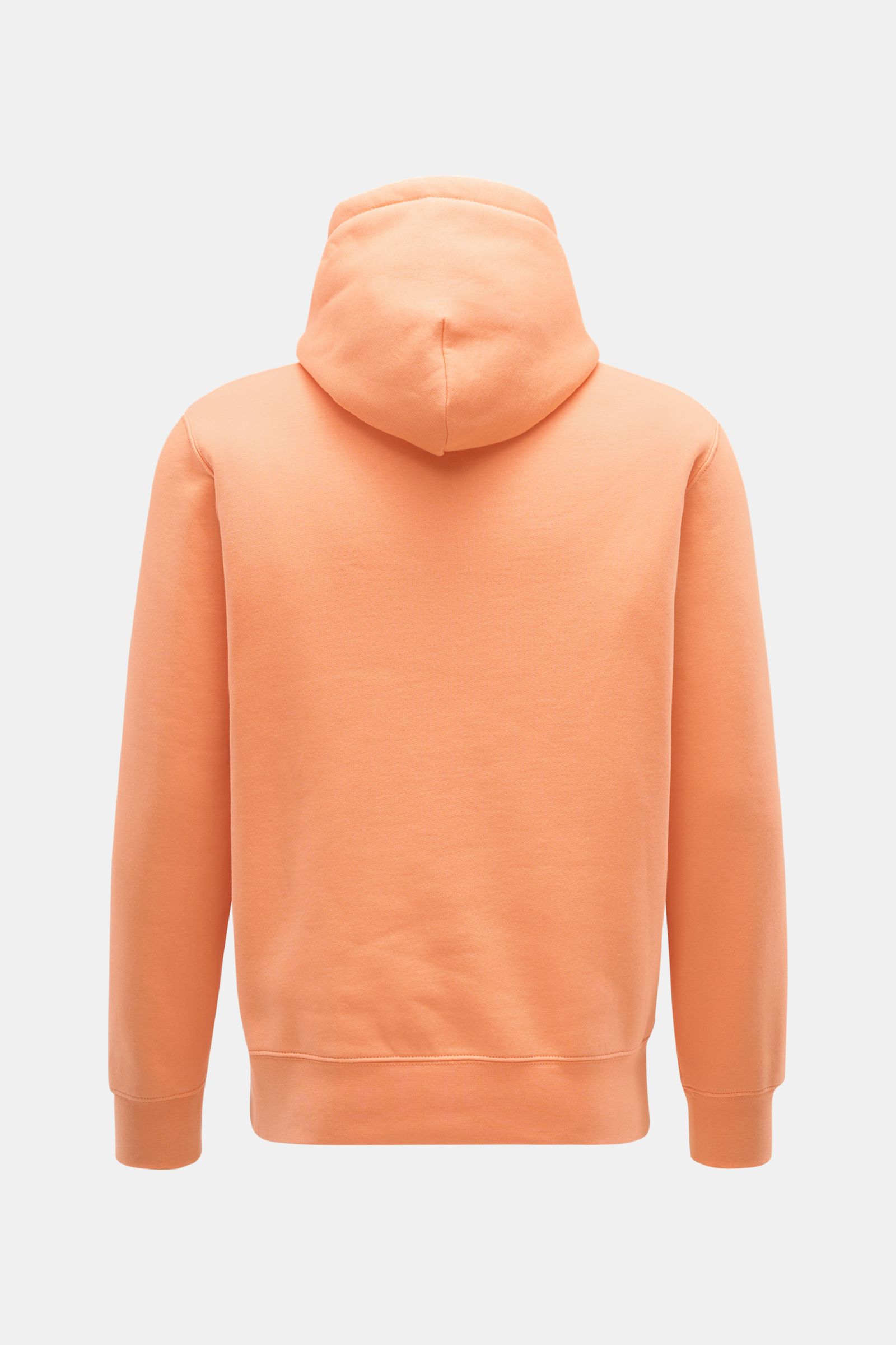 Rückansicht des hellorangen Polo Ralph Lauren Kapuzenpullovers aus Baumwoll-Microfaser-Mix mit weichem Griff, Kapuze und Rippbündchen.
