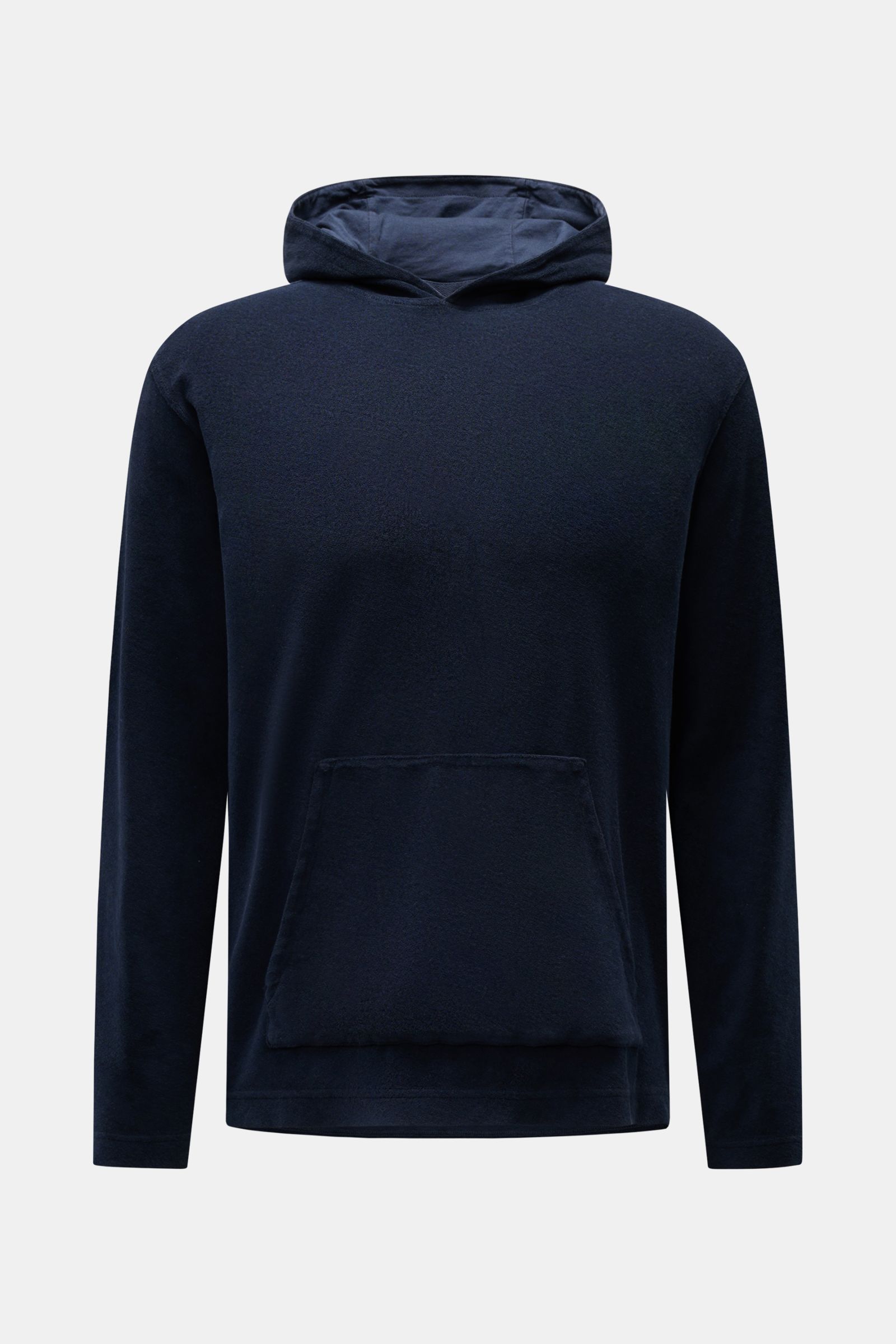 Front view of the 04651/ A trip in a bag Terry hooded jumper 'Terry' navy, made of soft pure cotton terrycloth with a practical hood and front pocket.

Additional description: 
Comfort and coolness with summery nonchalance: The hooded jumper 'Terry' by