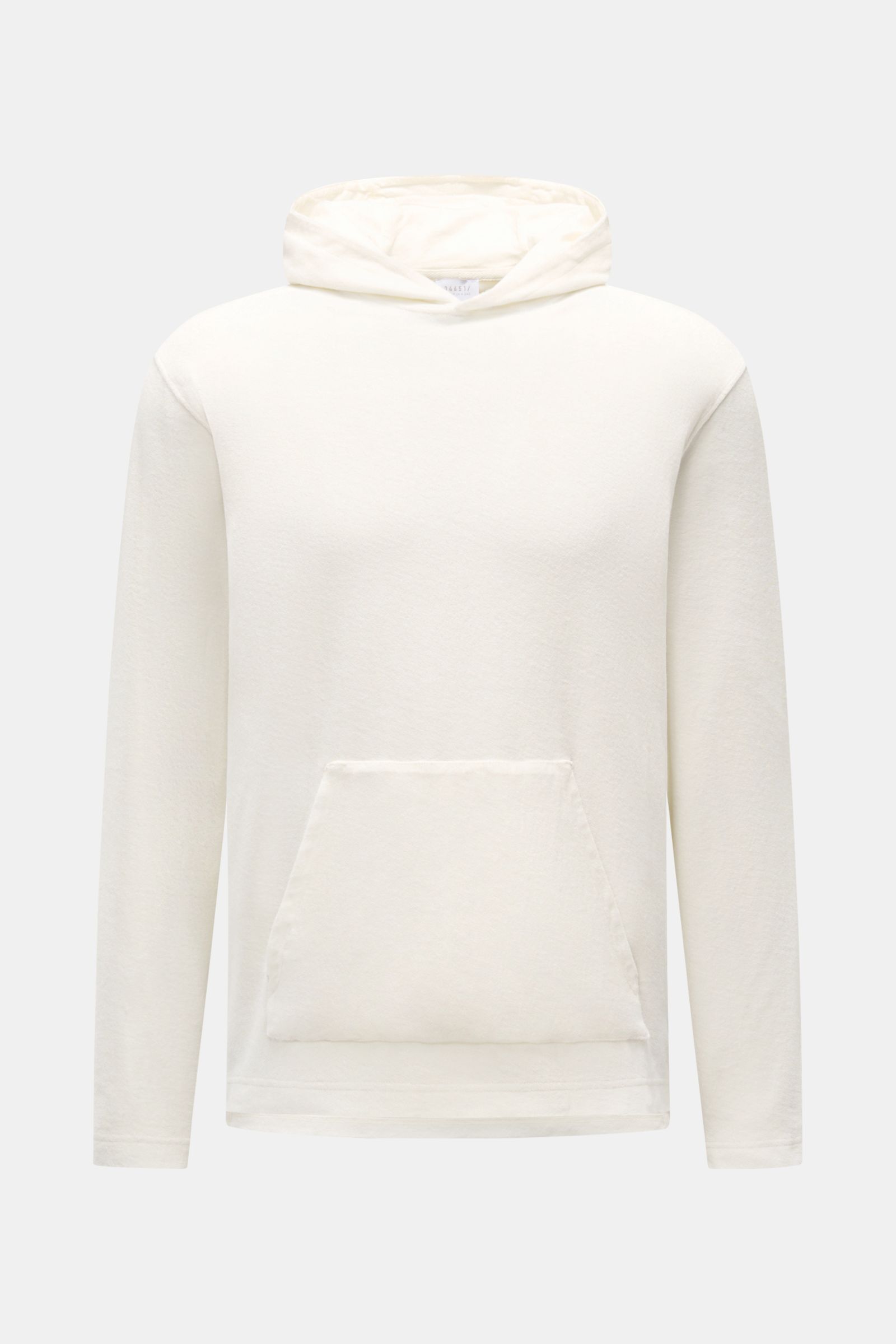 Front view of the 04651/ A trip in a bag Terry hooded jumper 'Terry' cream, made of pure cotton terrycloth with soft feel, regular fit, practical hood, and small woven label in side seam. Comfort and coolness with summery nonchalance: The hooded jumper 'T