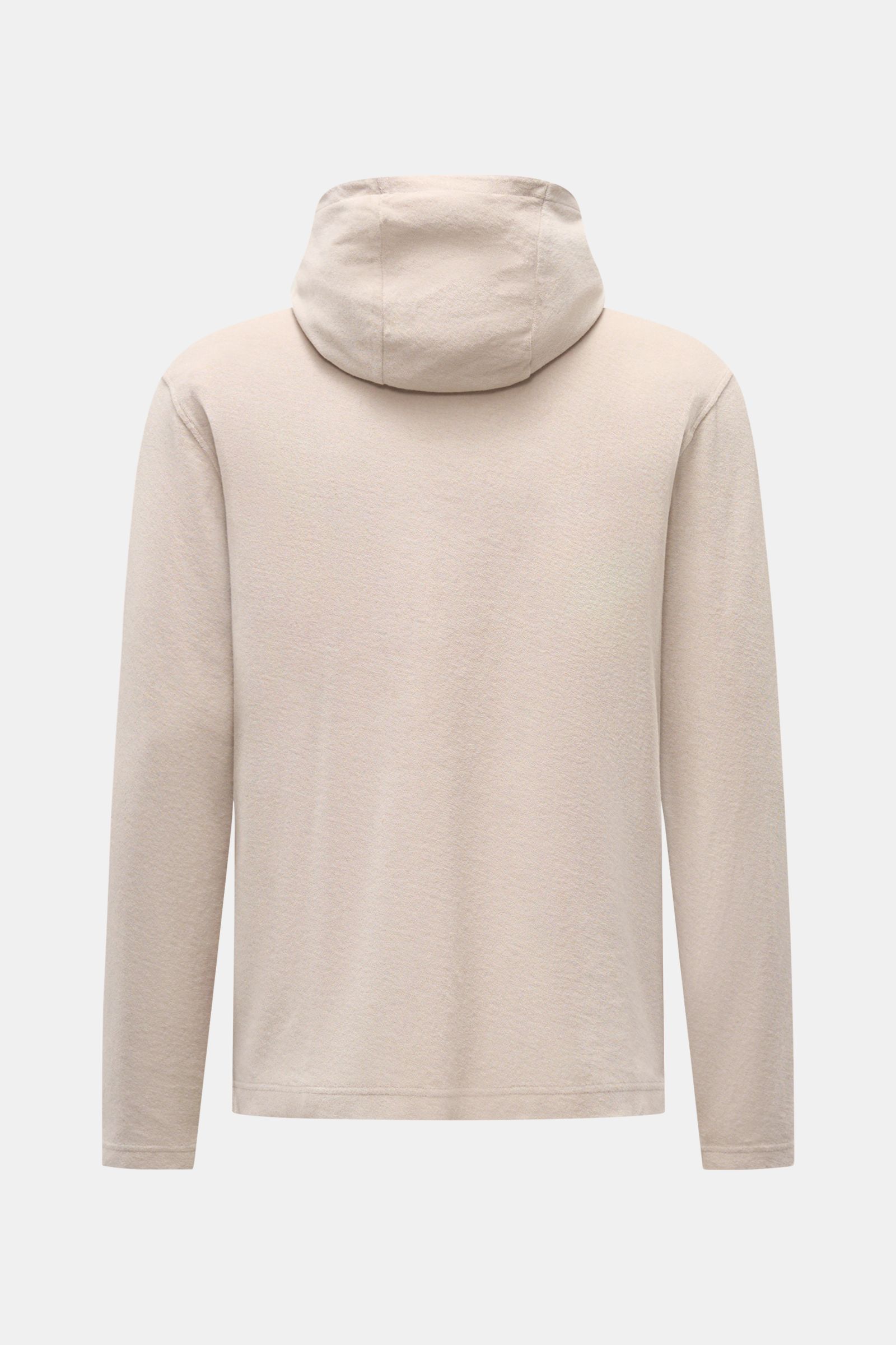 Back view of 04651/ A trip in a bag Terry hooded jumper 'Terry' beige, made of pure cotton terrycloth with a practical hood.

Description: Comfort and coolness with summery nonchalance: The hooded jumper 'Terry' by 04651/ A TRIP IN A BAG made of pure c