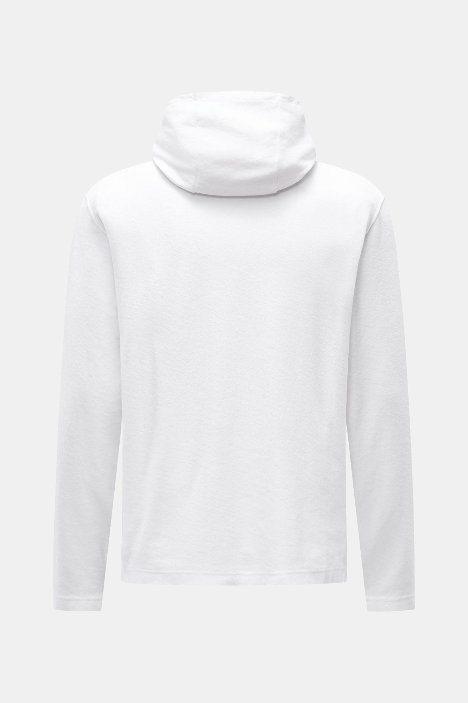 Back view of 04651/ A trip in a bag Terry hooded jumper 'Terry' white made of pure cotton terrycloth with soft feel, regular fit, practical hood, and small side seam label.

Description: Comfort and coolness with summery nonchalance: The hooded jumper 