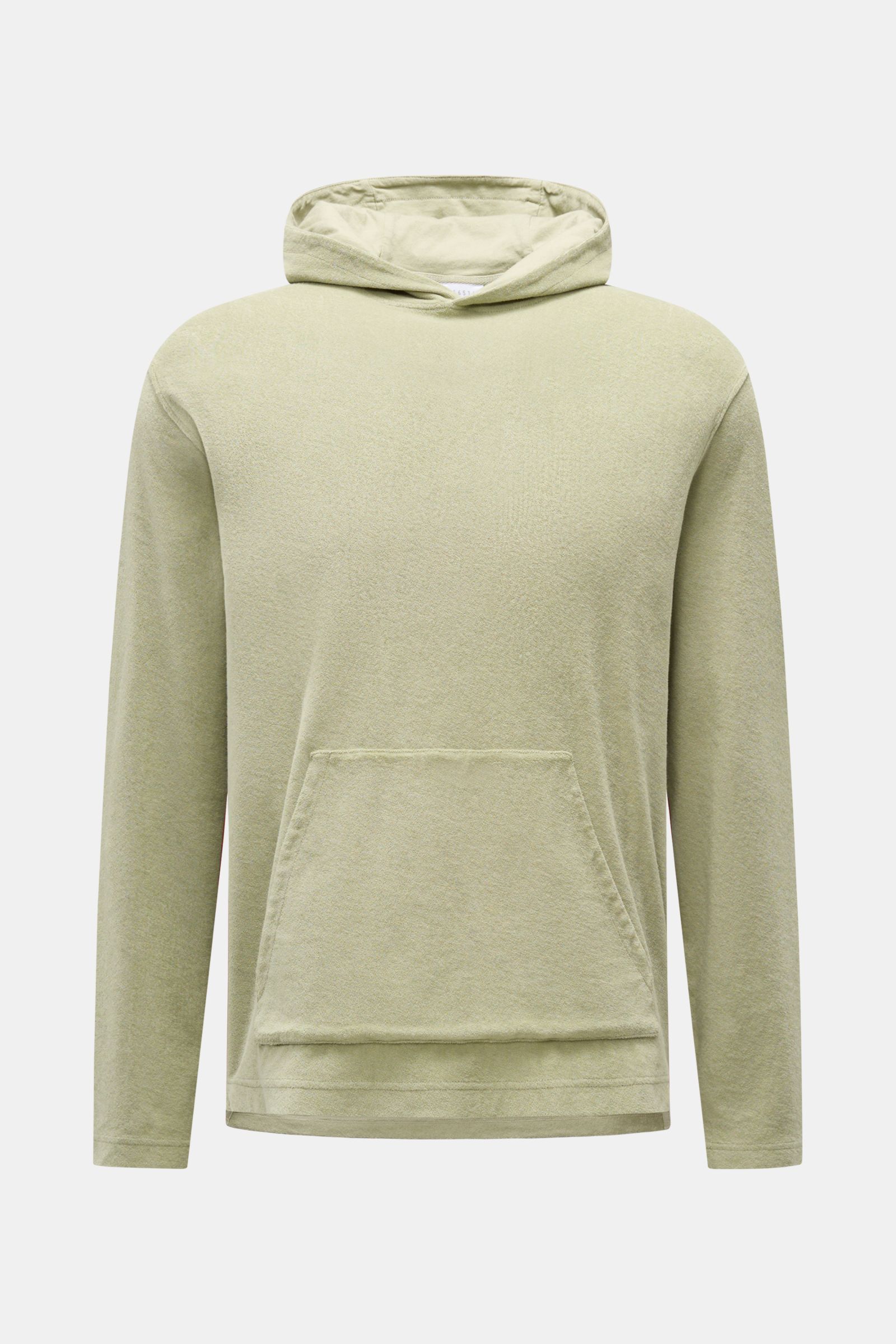 Front view of the 04651/ A trip in a bag Terry hooded jumper 'Terry' sage in soft pure cotton terrycloth with hood and kangaroo pocket.

Description: Comfort and coolness with summery nonchalance: The hooded jumper 'Terry' by 04651/ A TRIP IN A BAG mad