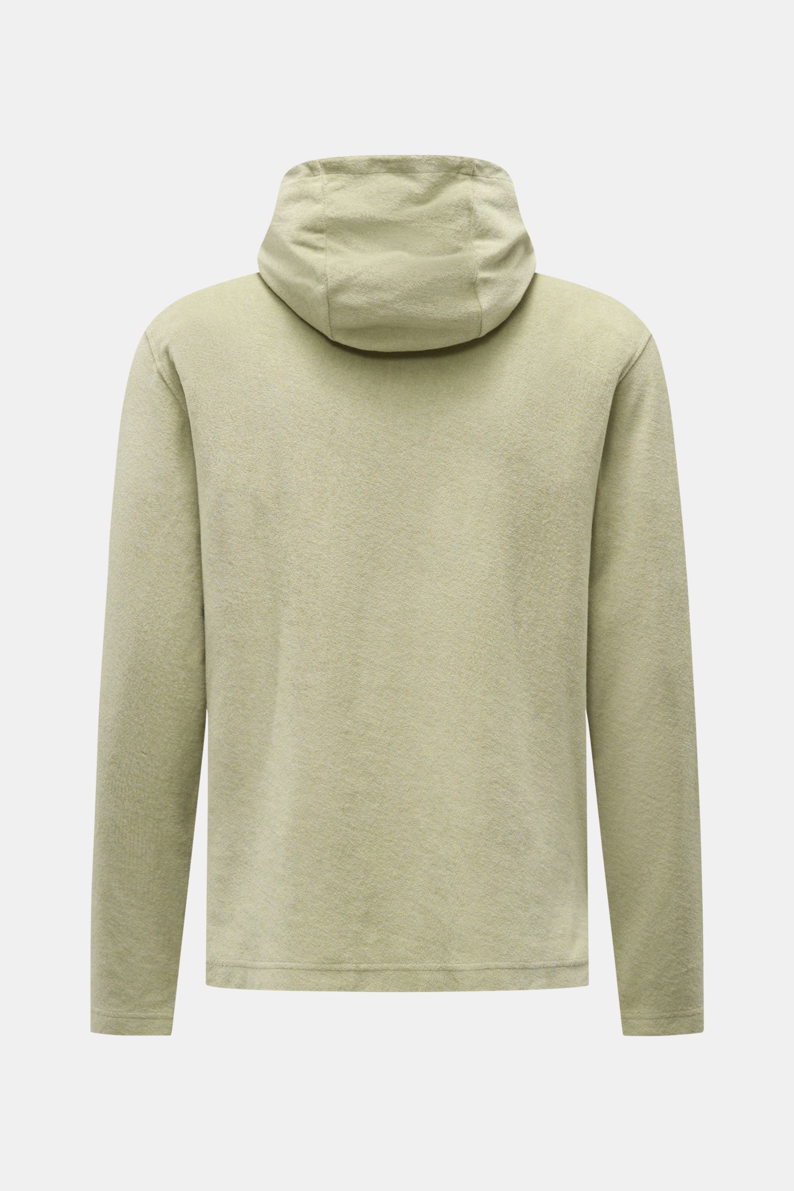 Back view of 04651/ A trip in a bag Terry hooded jumper 'Terry' sage in soft pure cotton terrycloth with hood, regular fit, and side seam label.