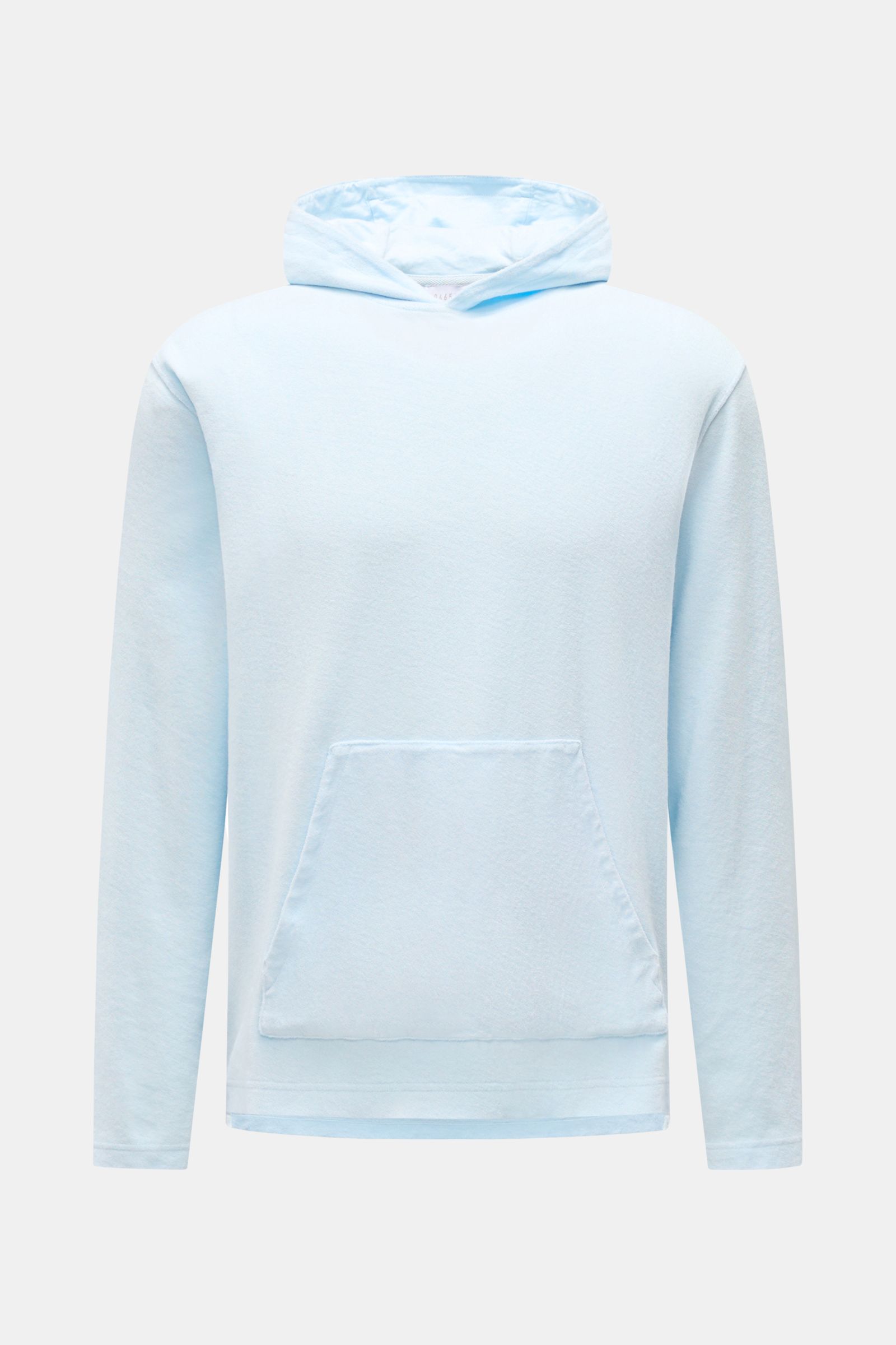 Front view of the 04651/ A trip in a bag Terry hooded jumper 'Terry' pastel blue made of soft pure cotton terrycloth, featuring a regular fit, practical hood, front kangaroo pocket, and a small woven label in the side seam. Comfort and coolness with summe