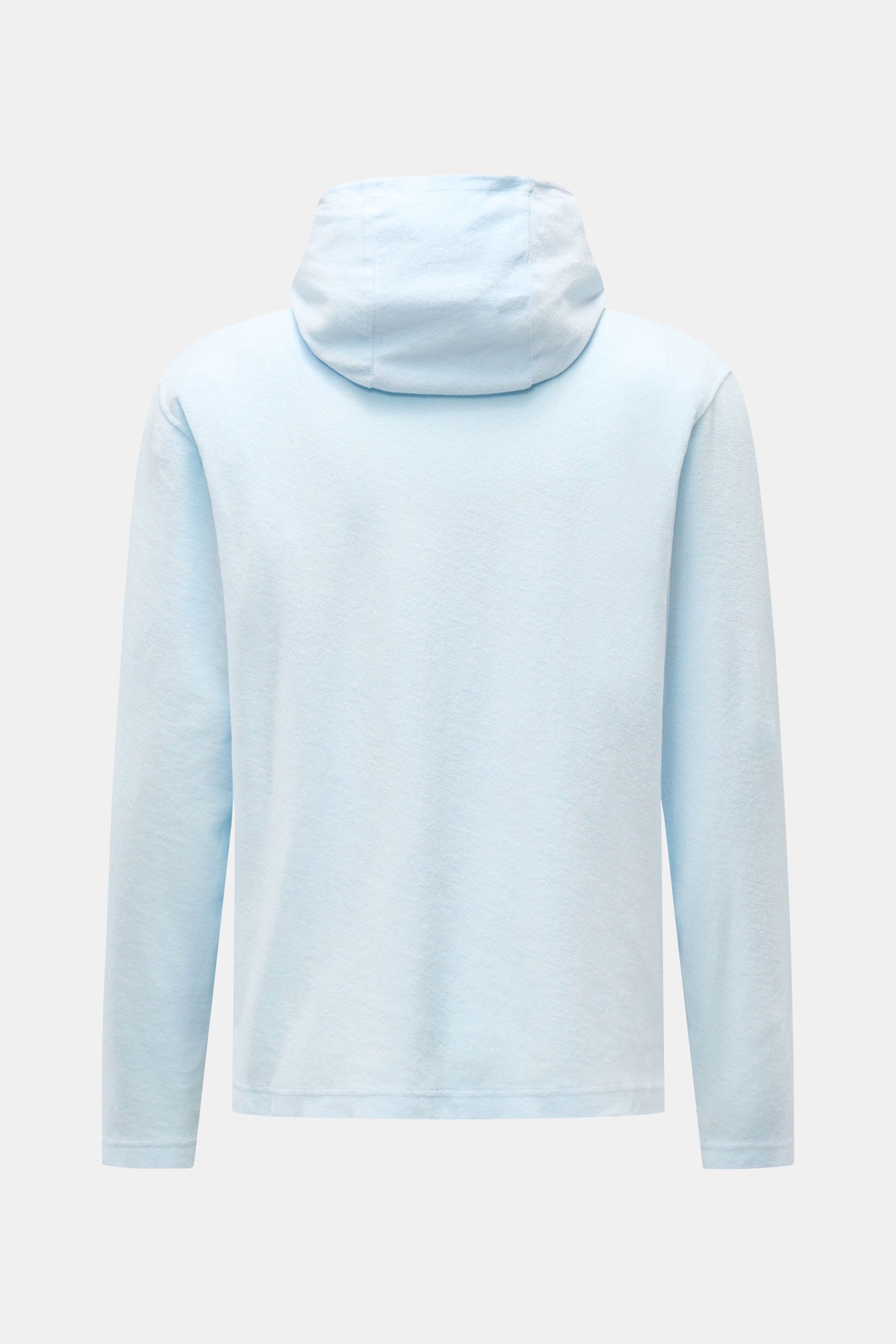 Back view of 04651/ A trip in a bag Terry hooded jumper 'Terry' pastel blue made of soft pure cotton terrycloth with hood, regular fit.

Description: Comfort and coolness with summery nonchalance: The hooded jumper 'Terry' by 04651/ A TRIP IN A BAG mad