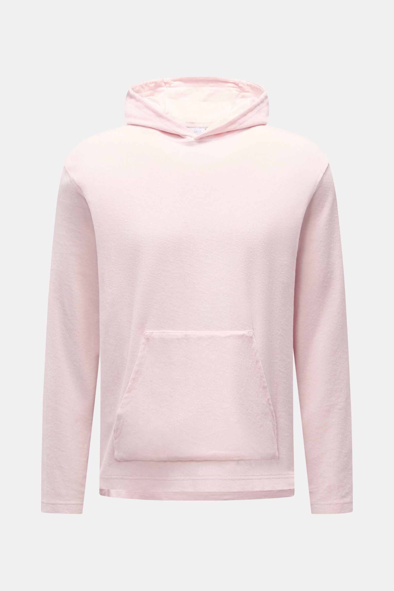 Frontale Ansicht des 04651/ A trip in a bag Frottee-Kapuzenpullover 'Terry' rosé aus reiner Baumwolle mit Kapuze, Regular Fit und Kängurutasche.