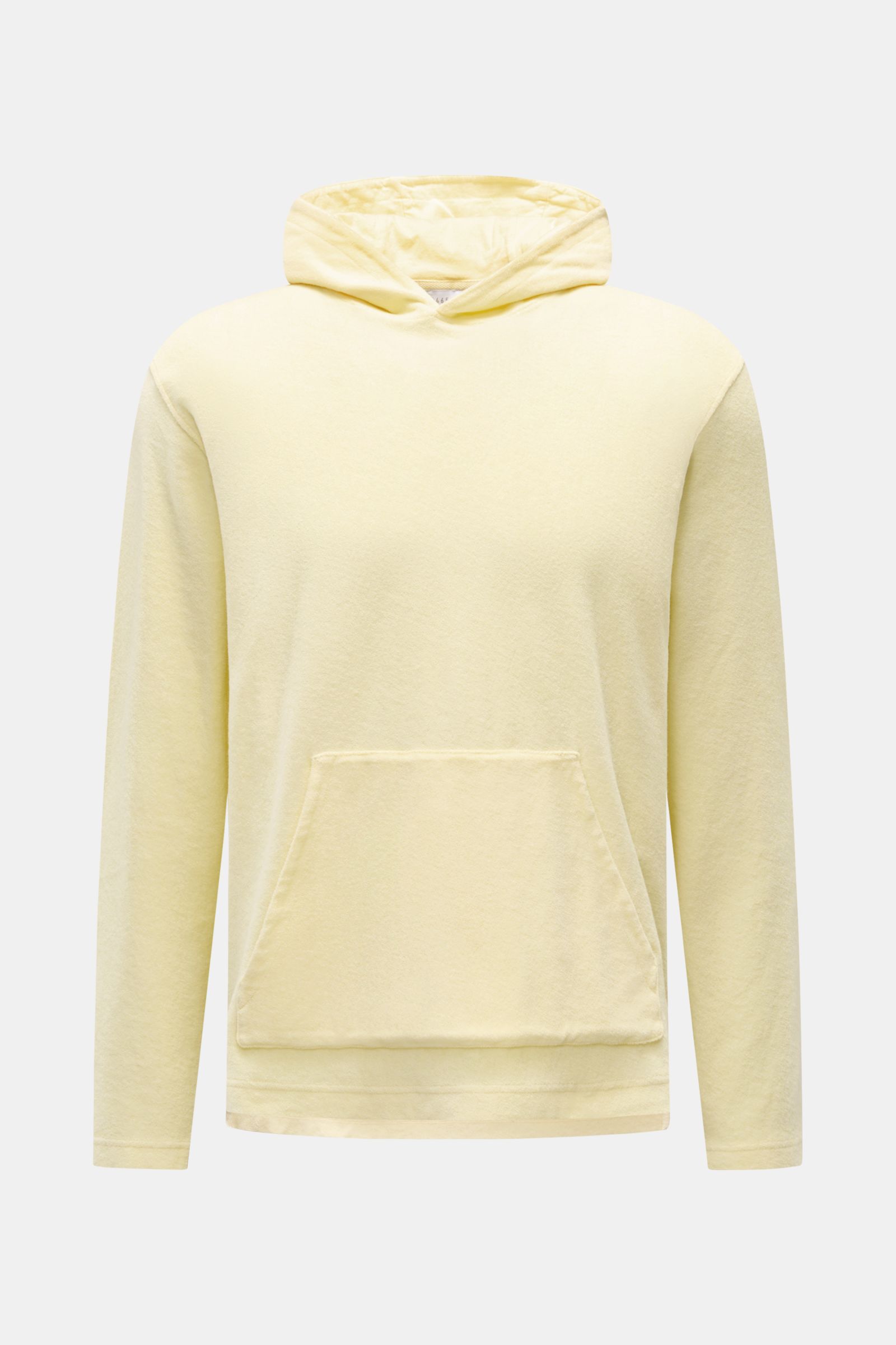 Frontansicht des pastellgelben 04651/ A trip in a bag Frottee-Kapuzenpullover 'Terry' aus reiner Baumwolle mit Kapuze, Kängurutasche und kleinem Weblabel.