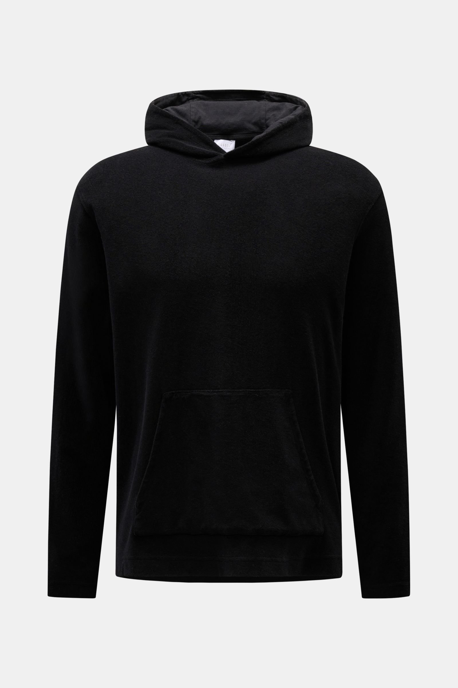 Front view of 04651/ A trip in a bag Terry hooded jumper 'Terry' black made of soft pure cotton terrycloth with hood and kangaroo pocket.

Description: Comfort and coolness with summery nonchalance: The hooded jumper 'Terry' by 04651/ A TRIP IN A BAG m