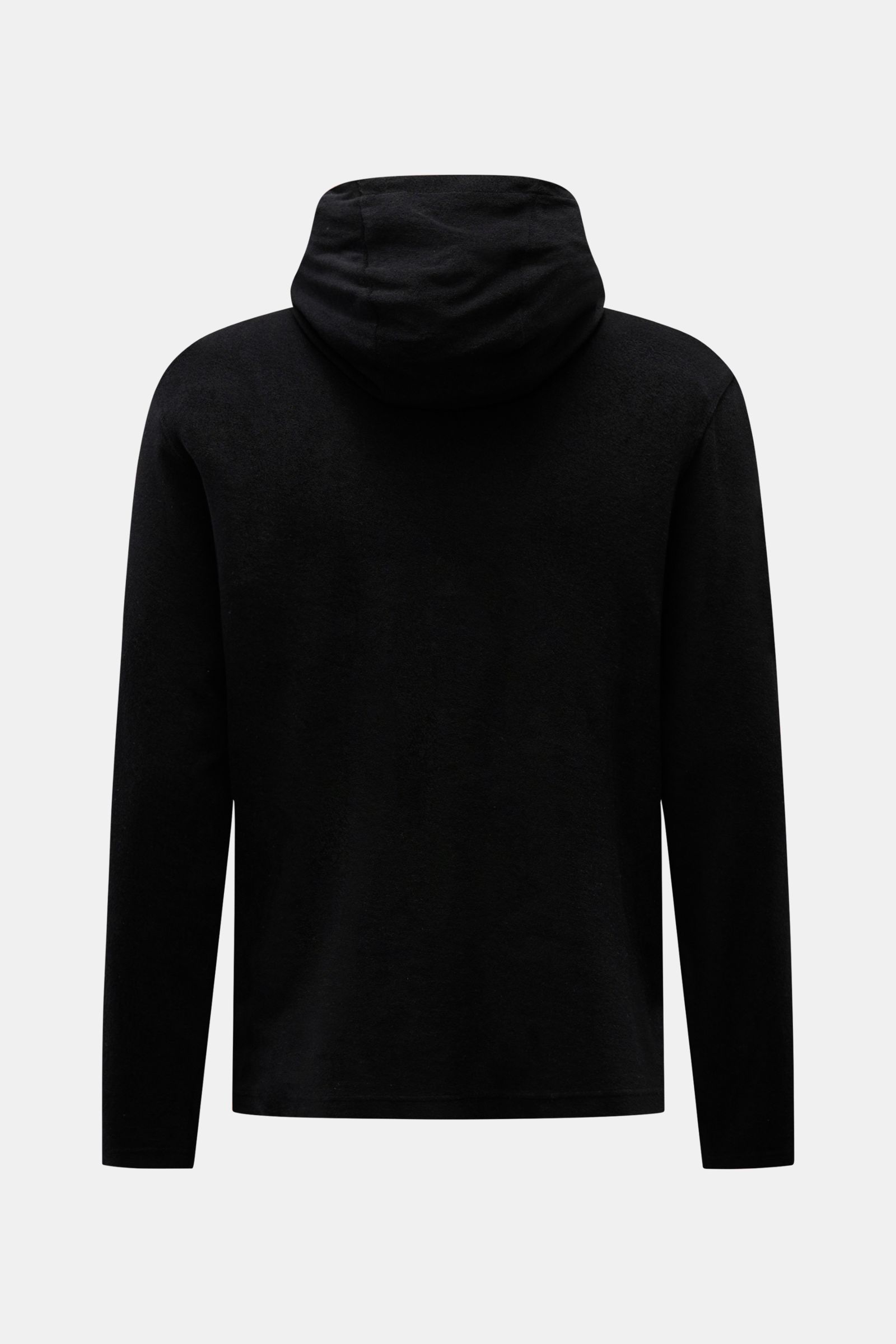 Rear view of 04651/ A trip in a bag Terry hooded jumper 'Terry' black made of soft pure cotton terrycloth, regular fit with practical hood.

Comfort and coolness with summery nonchalance: The hooded jumper 'Terry' by 04651/ A TRIP IN A BAG made of pure