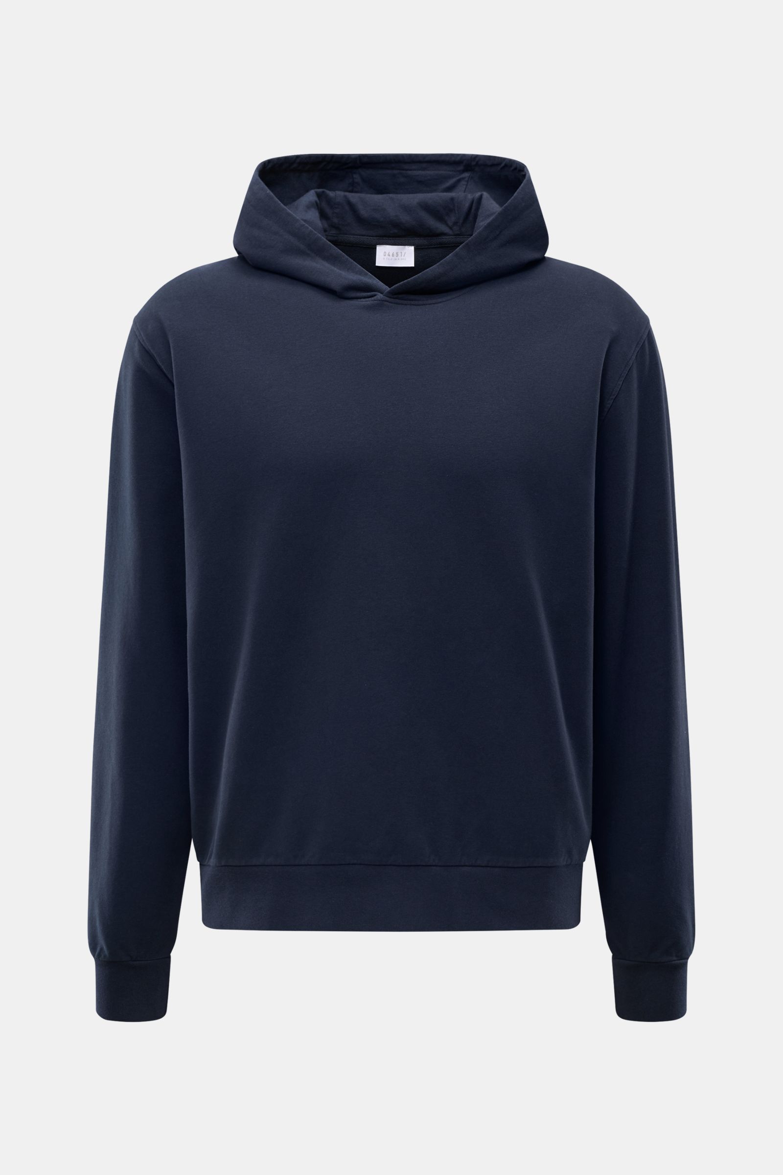 04651/ A trip in a bag Kapuzenpullover 'IF Hoodie' navy, frontale Ansicht, Regular Fit, Kapuze, Rippbündchen, weicher Jersey, Weblabel seitlich.