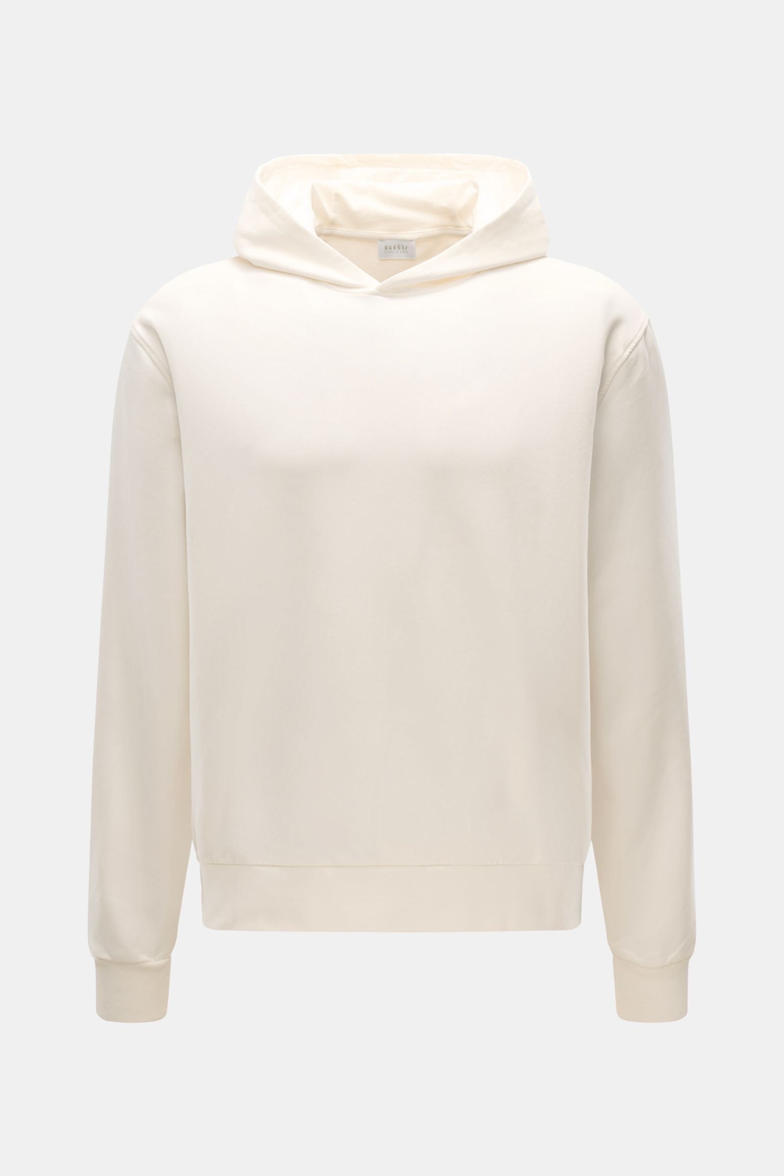 04651/ A trip in a bag Kapuzenpullover 'IF Hoodie' creme, Frontansicht, Regular Fit, aus weichem, elastischem, gebürstetem Jersey mit Kapuze und Rippbündchen.