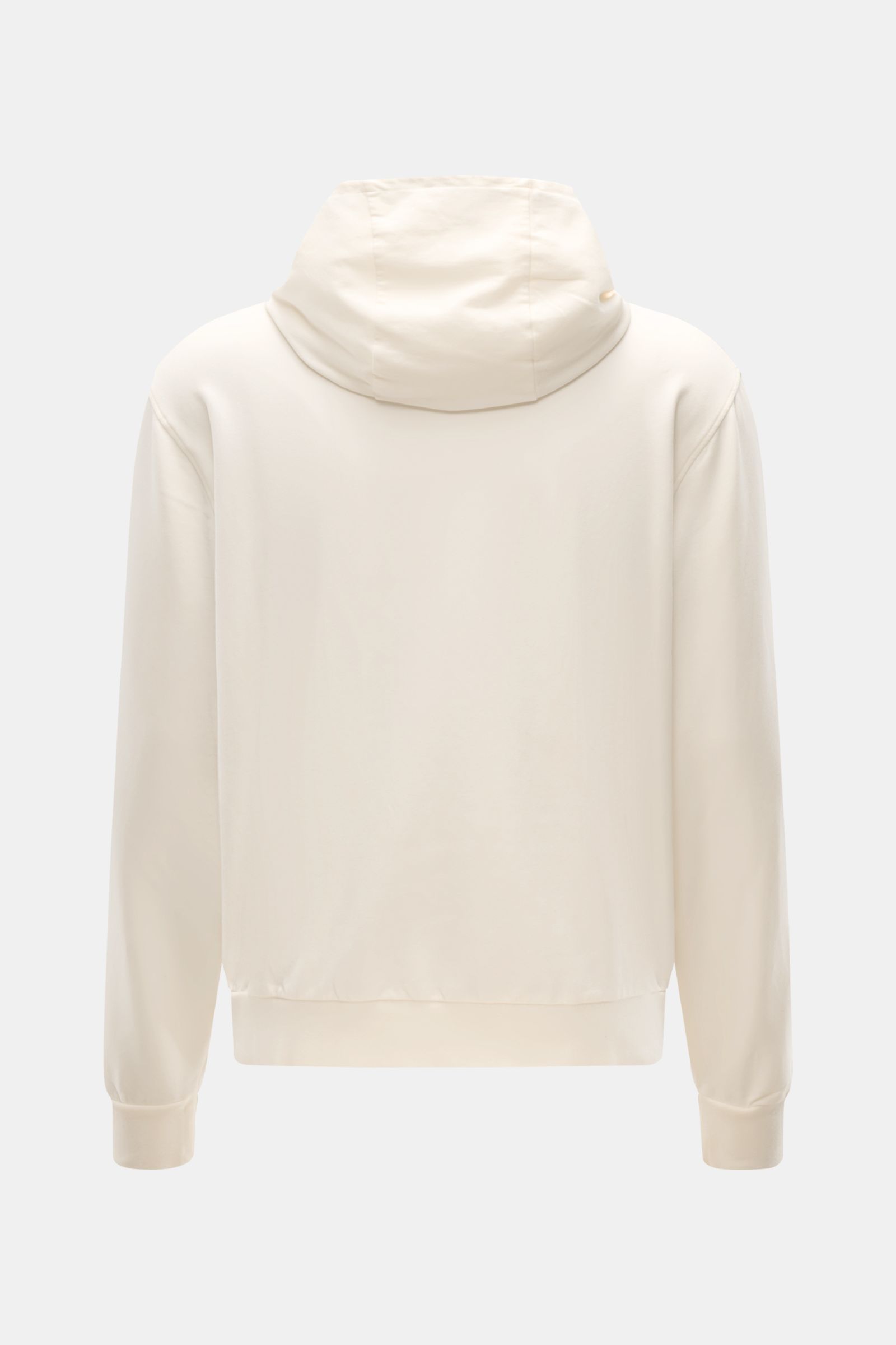 Rückansicht des 04651/ A trip in a bag Kapuzenpullover 'IF Hoodie' creme aus elastischer Baumwolle mit Kapuze, Rippbündchen und Weblabel.