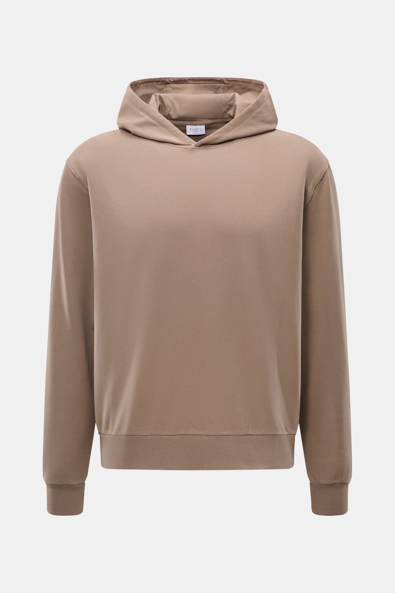 04651/ A trip in a bag Kapuzenpullover 'IF Hoodie' taupe, frontale Ansicht, aus weichem, elastischem Jersey mit Kapuze und Rippbündchen.