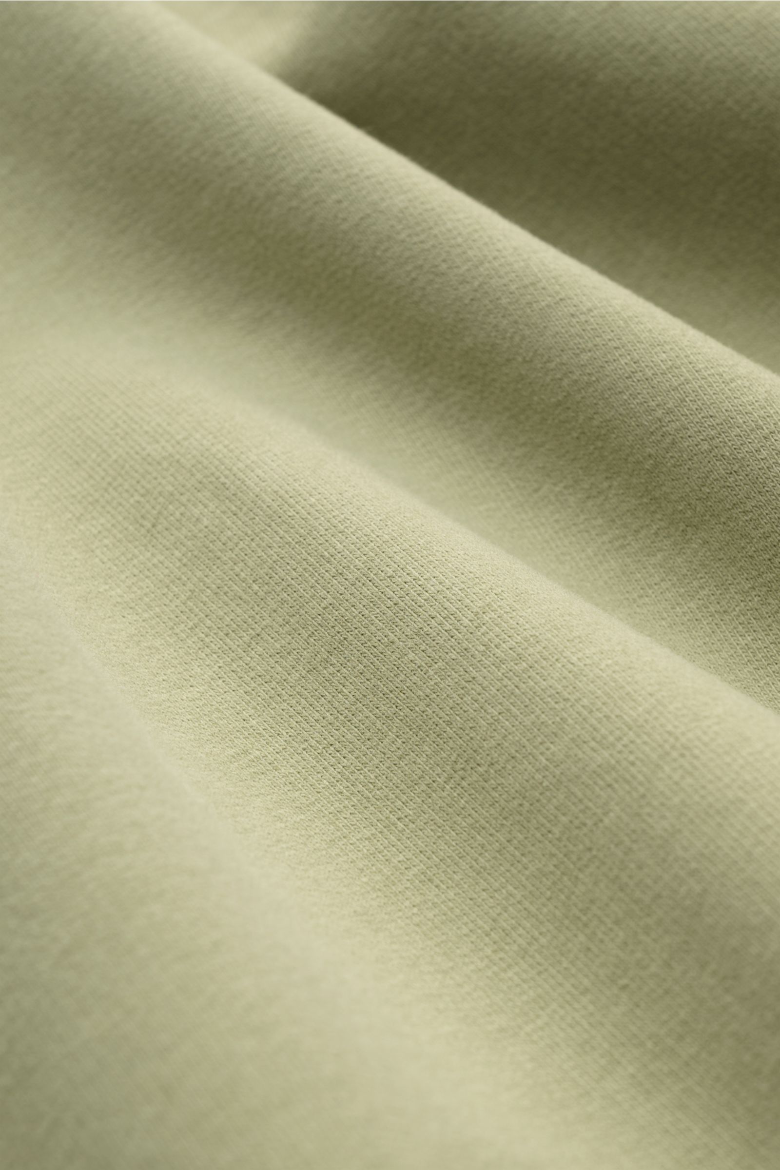 Nahaufnahme des gebürsteten Jersey-Stoffs in Salbeigrün, Detailansicht des Materials vom 04651/ A trip in a bag Kapuzenpullover 'IF Hoodie' salbei.