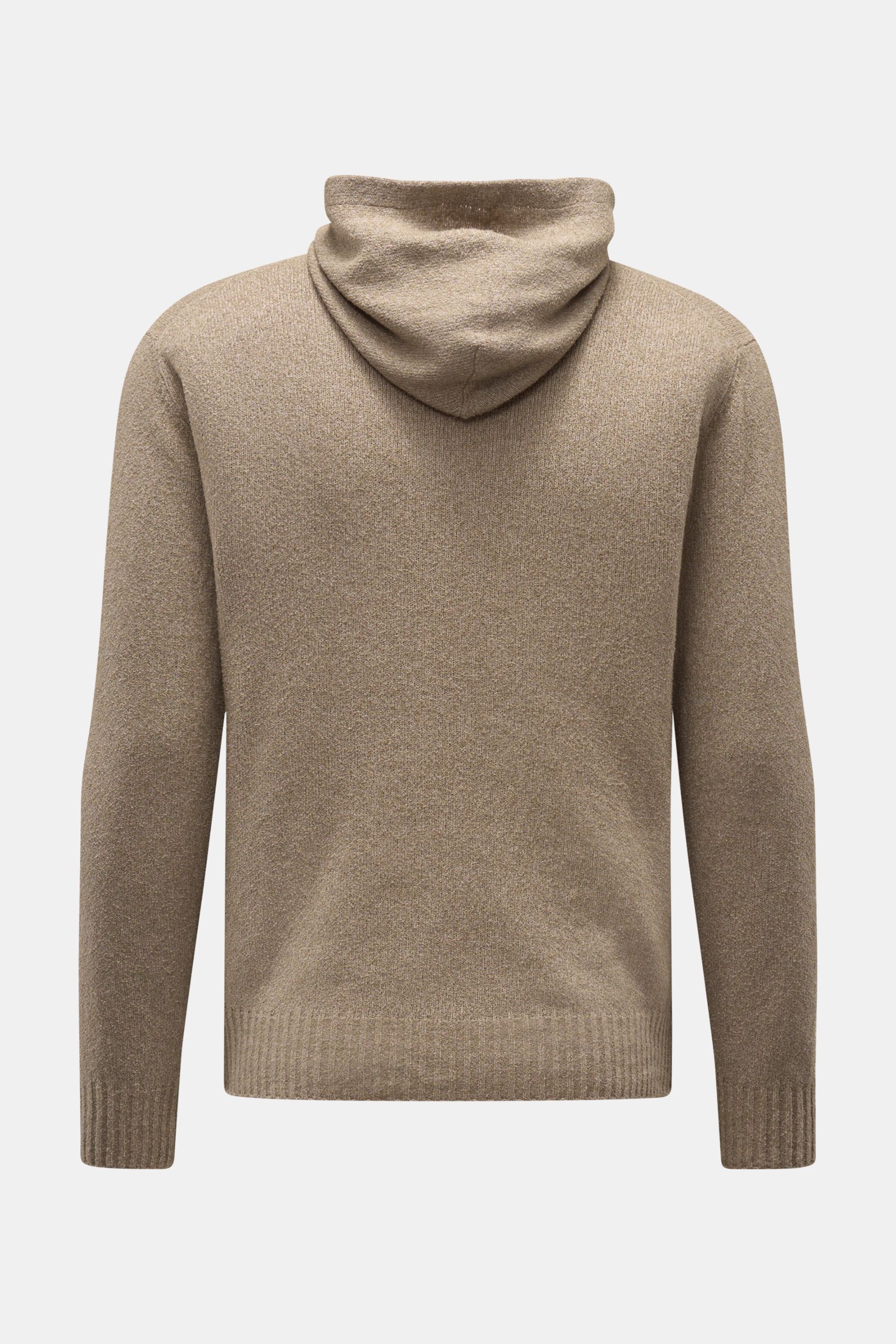 Back view of 04651/ A trip in a bag Hooded jumper 'Knit Terry Hoodie' taupe mottled with fine bouclé texture, slim fit, and practical hood. Distinctive terry look: The casual hooded jumper 'Knit Terry Hoodie' by 04651/ A TRIP IN A BAG gets its comfortable