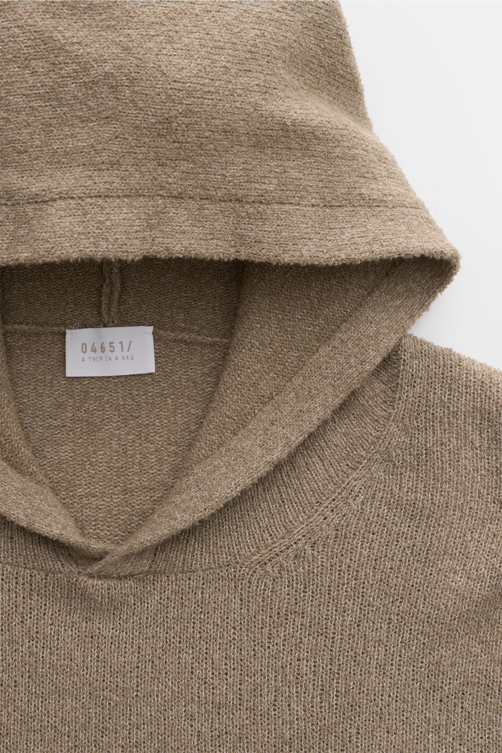 Close-up front view of the 04651/ A trip in a bag Hooded jumper 'Knit Terry Hoodie' taupe mottled showing fine bouclé knit, slim fit, practical hood, and flexible ribbed bands. Distinctive terry look with a blend of cotton and microfibre and slightly grai