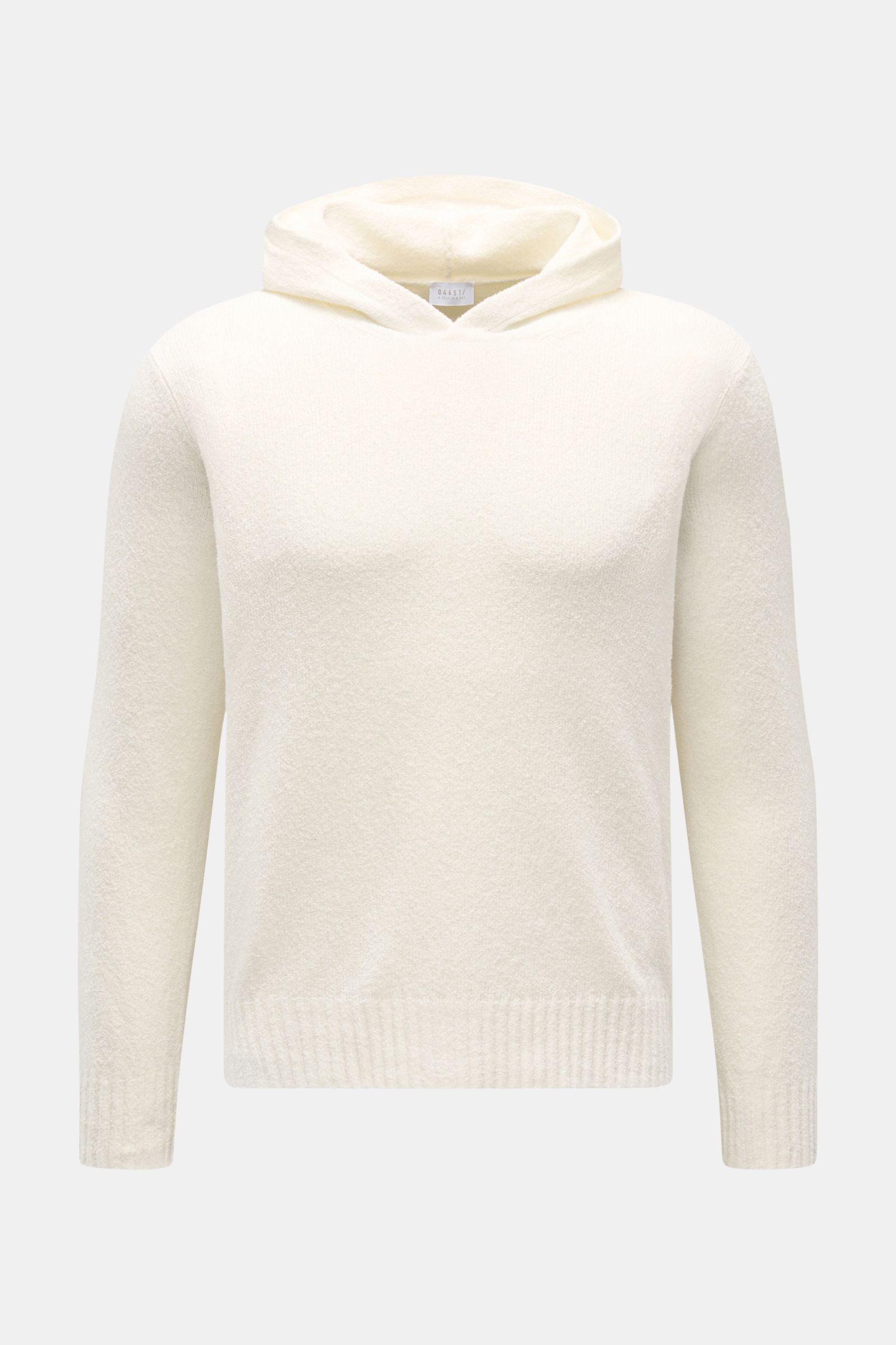 04651/ A trip in a bag Kapuzenpullover „Knit Terry Hoodie“ offwhite, Slim Fit, frontale Ansicht, Bouclé-Strick aus Baumwolle und Microfaser, Kapuze, Rippbündchen