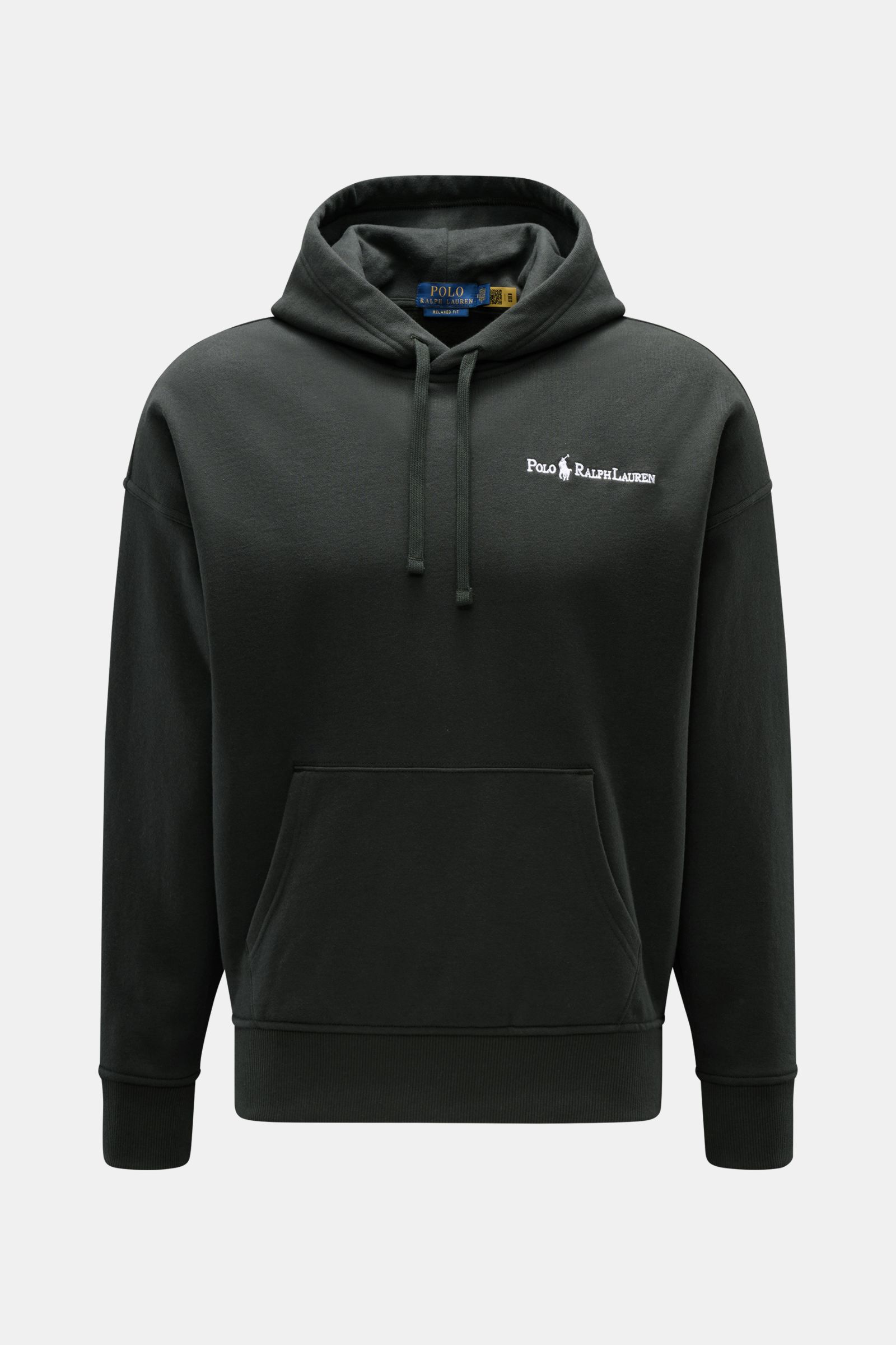 Polo Ralph Lauren Kapuzenpullover anthrazit, frontal fotografiert, aus weichem Baumwoll-Microfaser-Sweat mit Kängurutasche, Rippbündchen und Logo-Stitching.