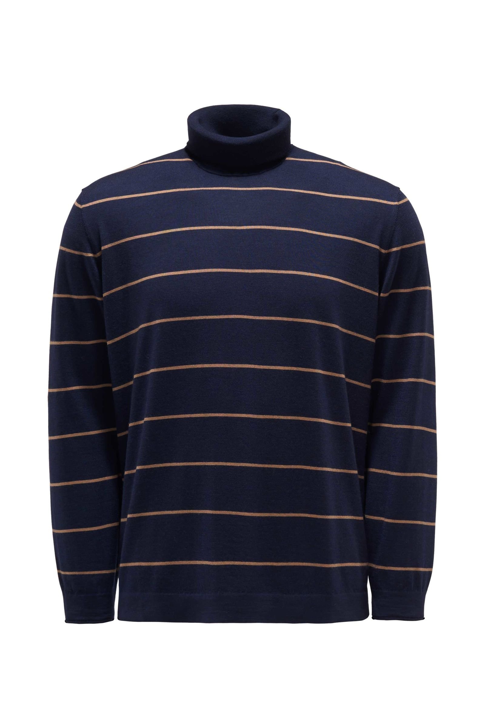Fine knit turtleneck jumper navy/light brown striped