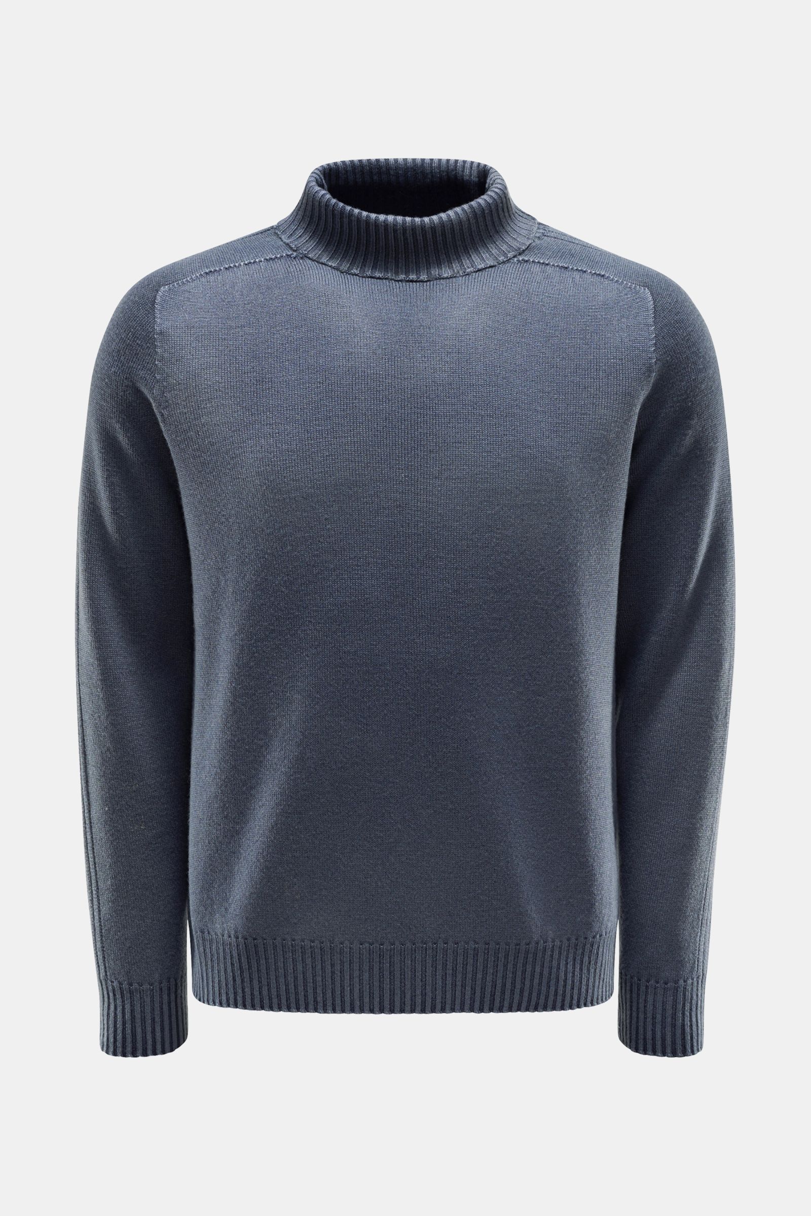 04651/ A trip in a bag Rollkragenpullover graublau, Slim Fit, reine Schurwolle, weicher Griff, Kontraststrick, Rippbündchen, Frontansicht.