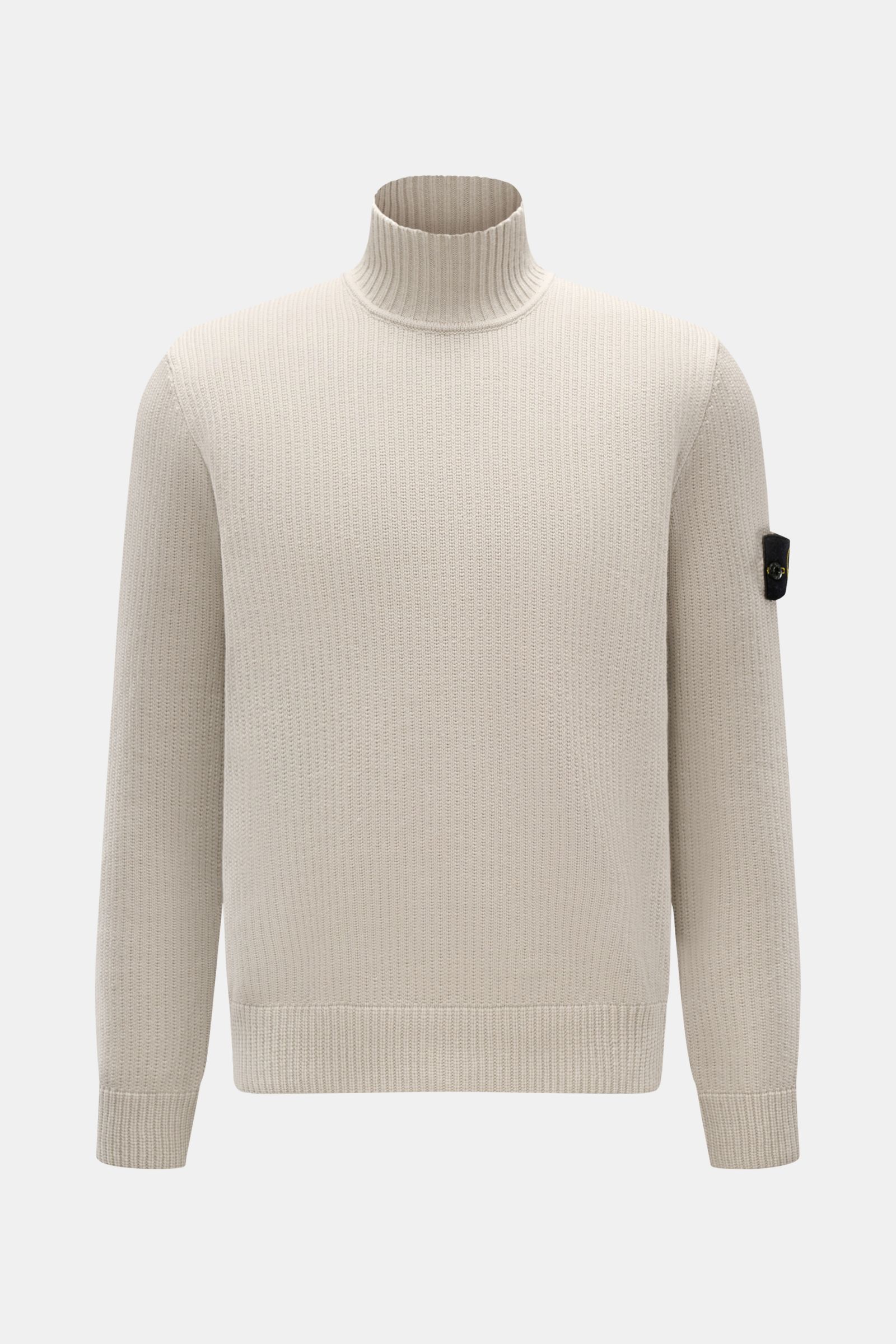 Stone Island Pullover hellgrau mit Stehkragen, Slim Fit und Kompass-Badge am Ärmel, frontale Ansicht, Baumwoll-Microfaser-Strick.