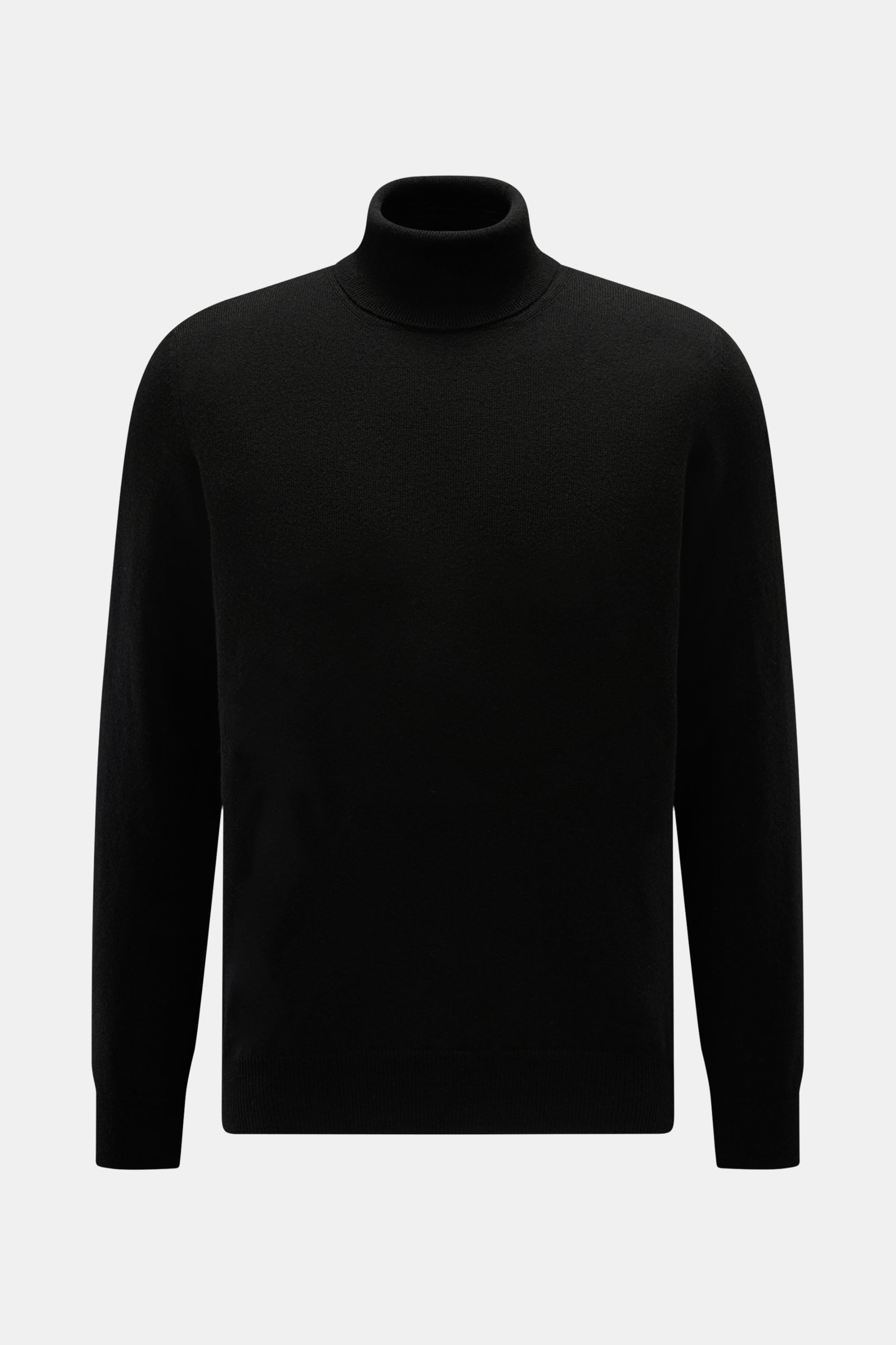 Schwarzer BRAUN Hamburg Rollkragenpullover in Slim Fit, frontal fotografiert, aus weichem Schurwoll-Cashmere-Viskose-Mix mit feinem Strickbild.