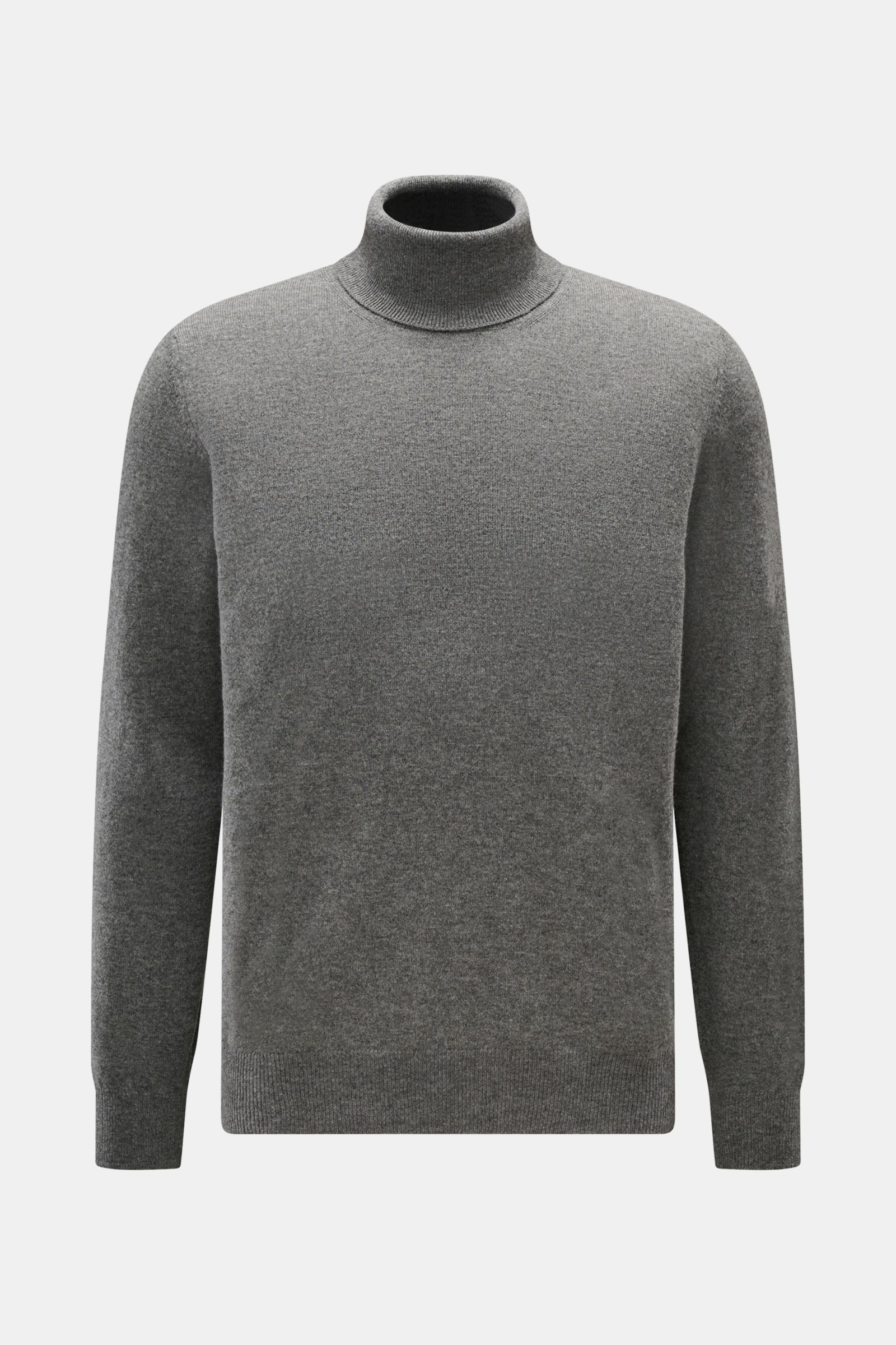 BRAUN Hamburg Rollkragenpullover grau, Slim Fit, feines Strickbild, weicher Garnmix aus Schurwolle, Cashmere, Viskose, frontal fotografiert, Rippbündchen.