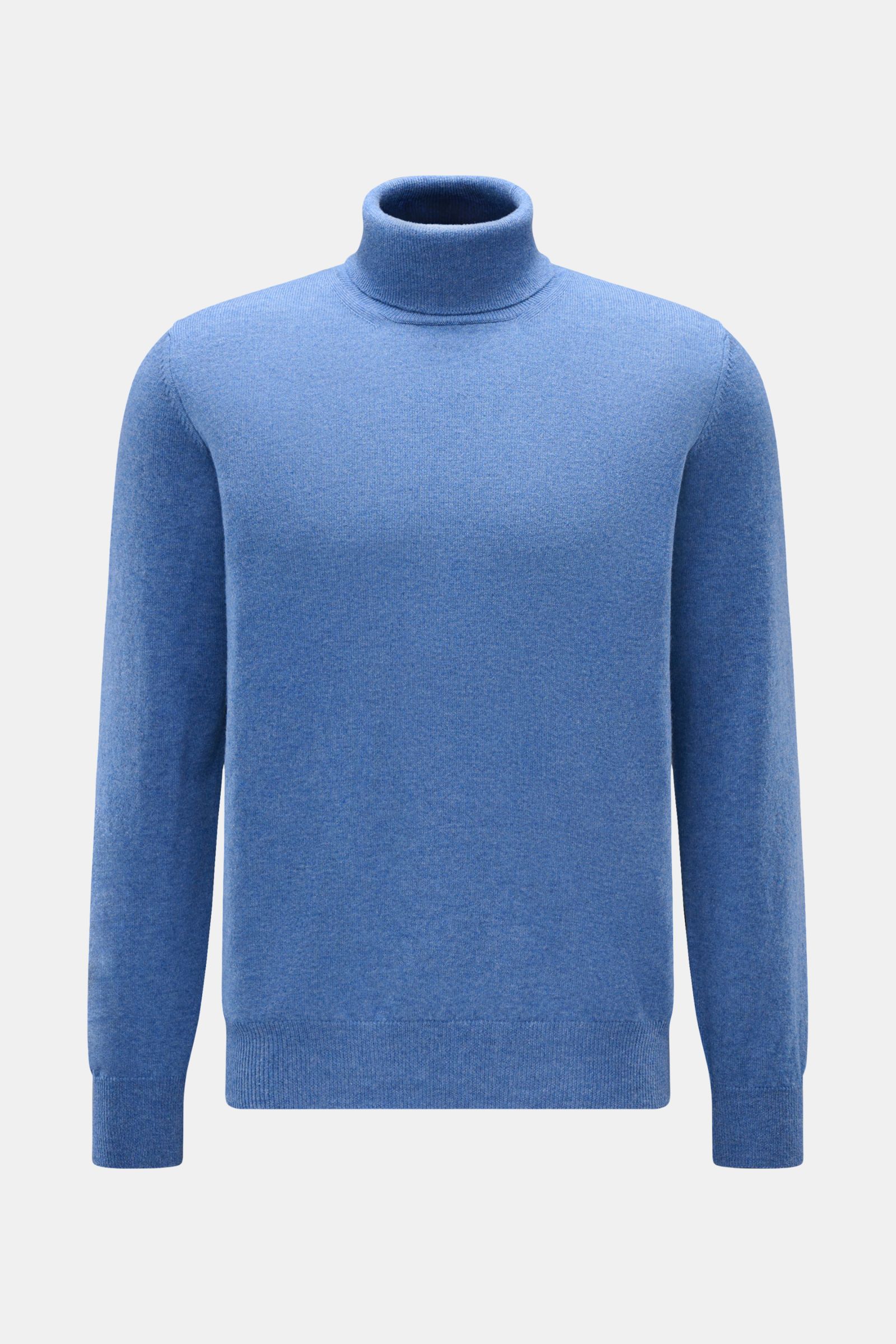 BRAUN Hamburg Rollkragenpullover blau meliert, Slim Fit, weicher Strick aus Schurwolle, Cashmere und Viskose, feines Strickbild, Rippbündchen, frontal fotografiert.