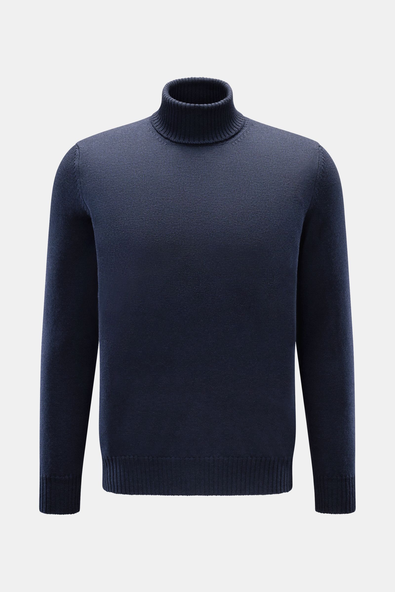 Gran Sasso Rollkragenpullover navy shown from the front, slim fit turtleneck sweater in pure new wool with soft touch, heavy knit, medium-fine texture, close-fitting collar, and comfortable ribbed cuffs.