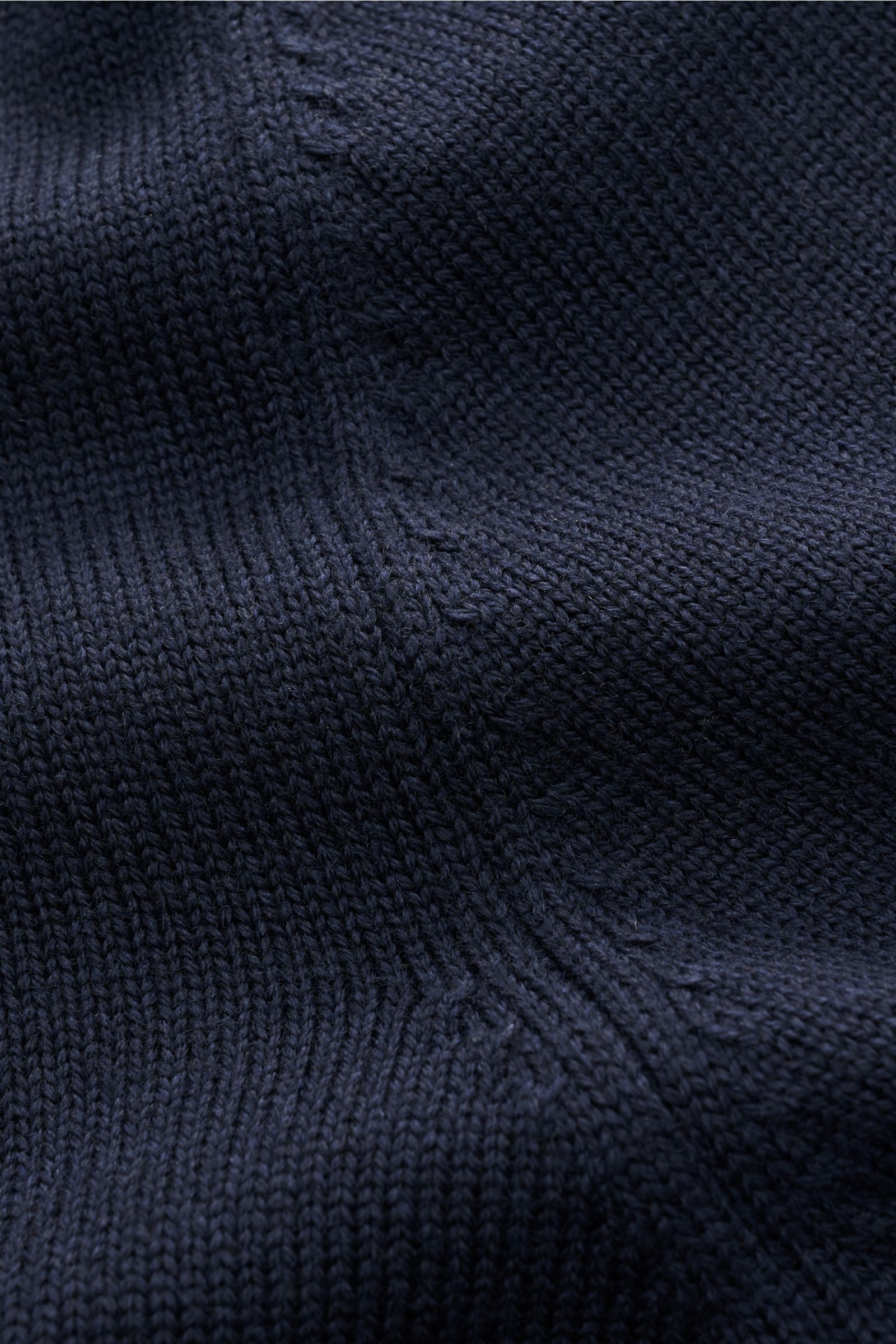 Close-up front view of the Gran Sasso Rollkragenpullover navy, showcasing its pure virgin wool fabric, soft touch, heavy knit quality, medium-fine knit pattern, slim fit, fitted turtleneck, and comfortable ribbed cuffs, a comfortable basic for versatile l