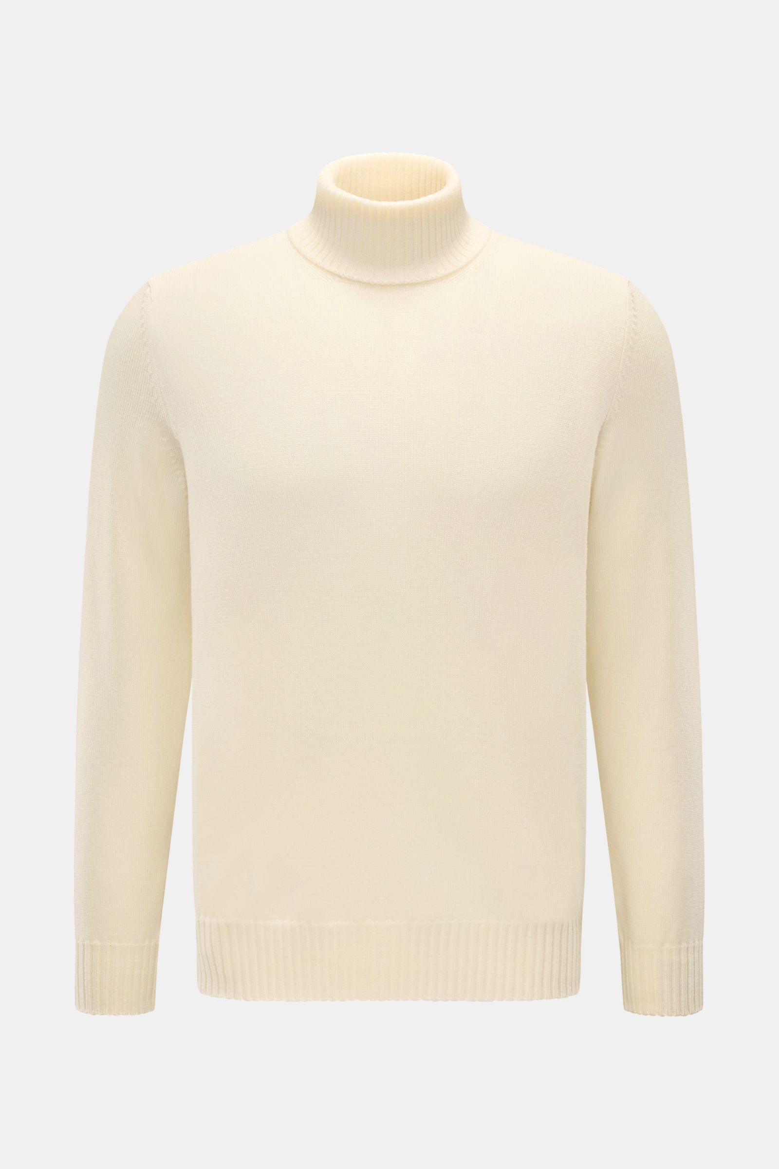 Front view of Gran Sasso Rollkragenpullover creme, a slim fit turtleneck sweater in pure wool with soft touch, heavy knit, medium-fine texture, fitted collar, and ribbed cuffs, offering timeless style and comfort.