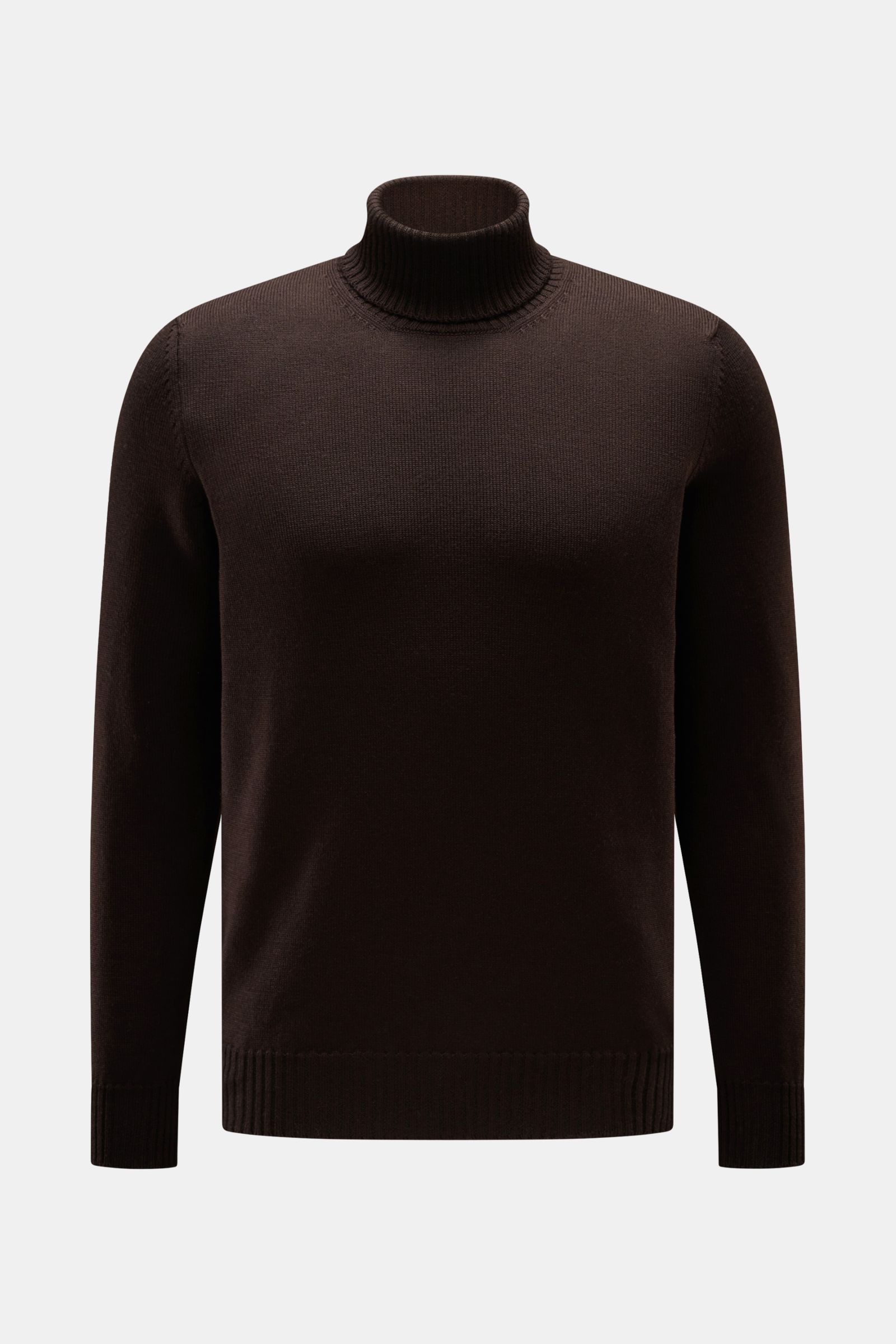 Gran Sasso Rollkragenpullover dunkelbraun, frontale Nahaufnahme, Slim Fit, reine Schurwolle, weicher Griff, mittelfeines Strickbild, anliegender Rollkragen, Rippbündchen