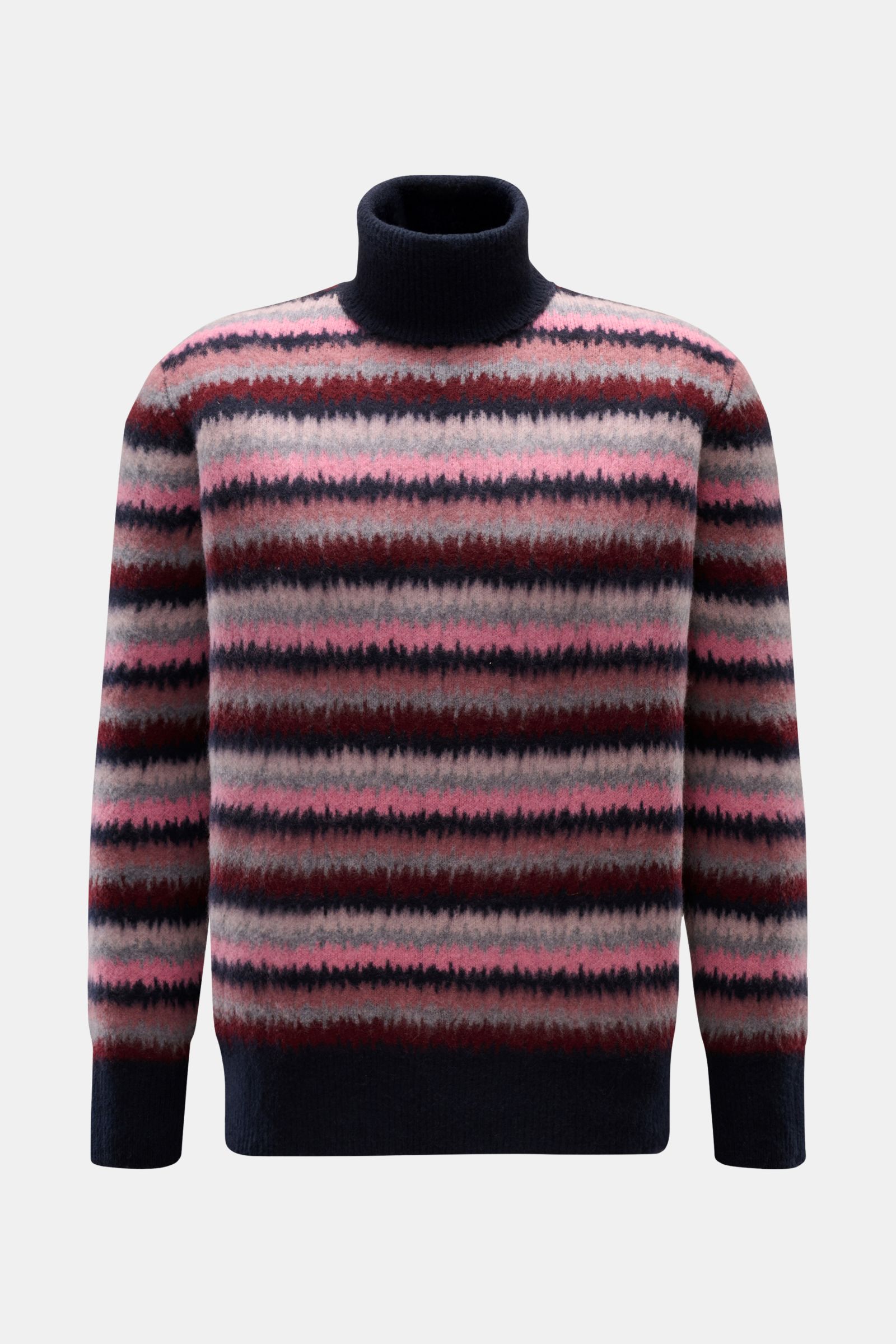 Front view of Piacenza 1733 Cashmere Rollkragenpullover navy/rosé/grau gestreift with regular fit, reiner Cashmere, very soft voluminous feel, stylish zigzag stripes, medium-fine knit, snug turtleneck, and wide ribbed cuffs.