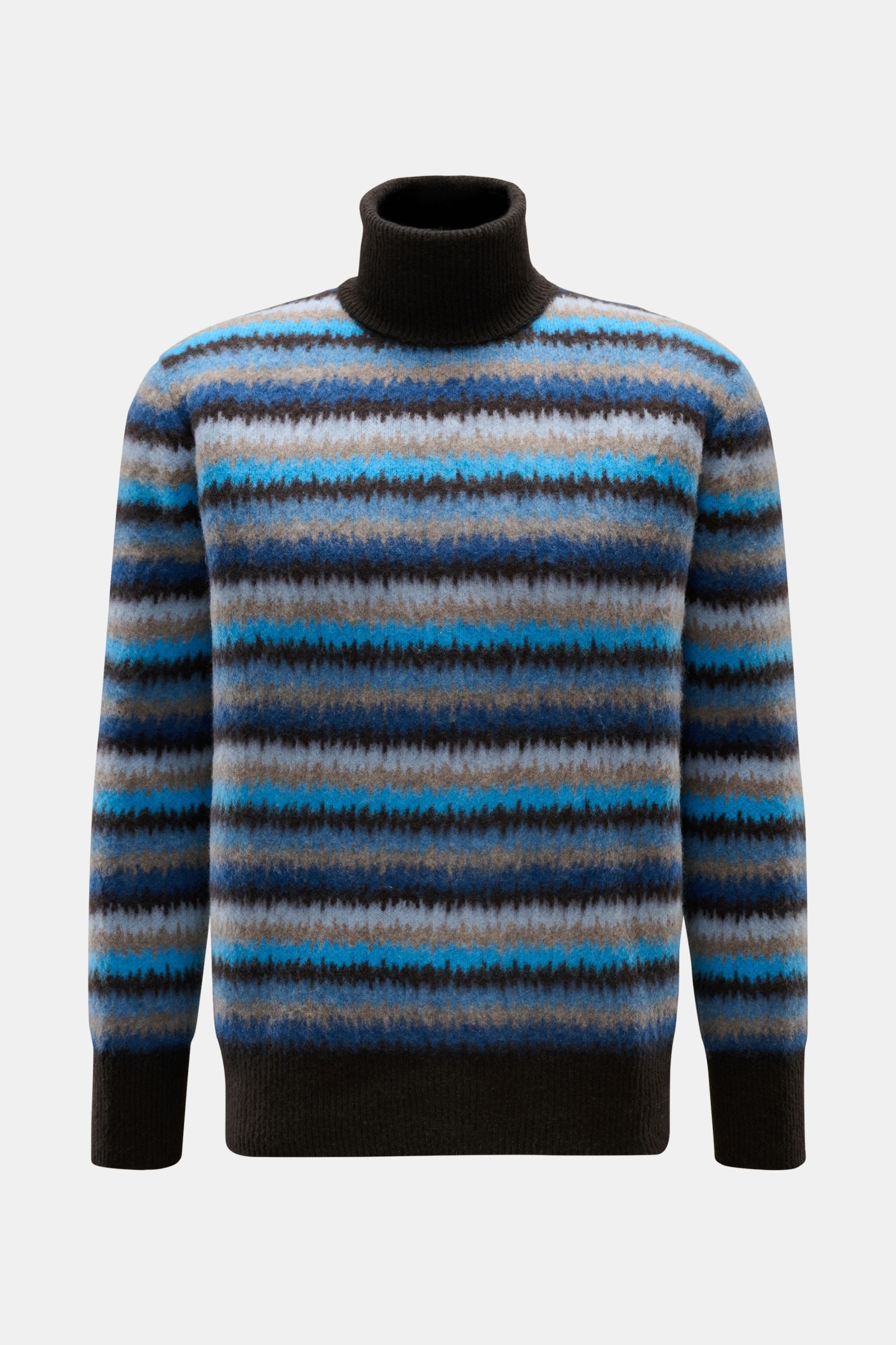 Piacenza 1733 Cashmere Rollkragenpullover dunkelbraun/blau/beige gestreift, frontal fotografiert, reiner Cashmere, weicher Griff, Zickzack-Streifen, mittelfein, Regular Fit, anliegender Rollkragen, breite Rippbündchen.