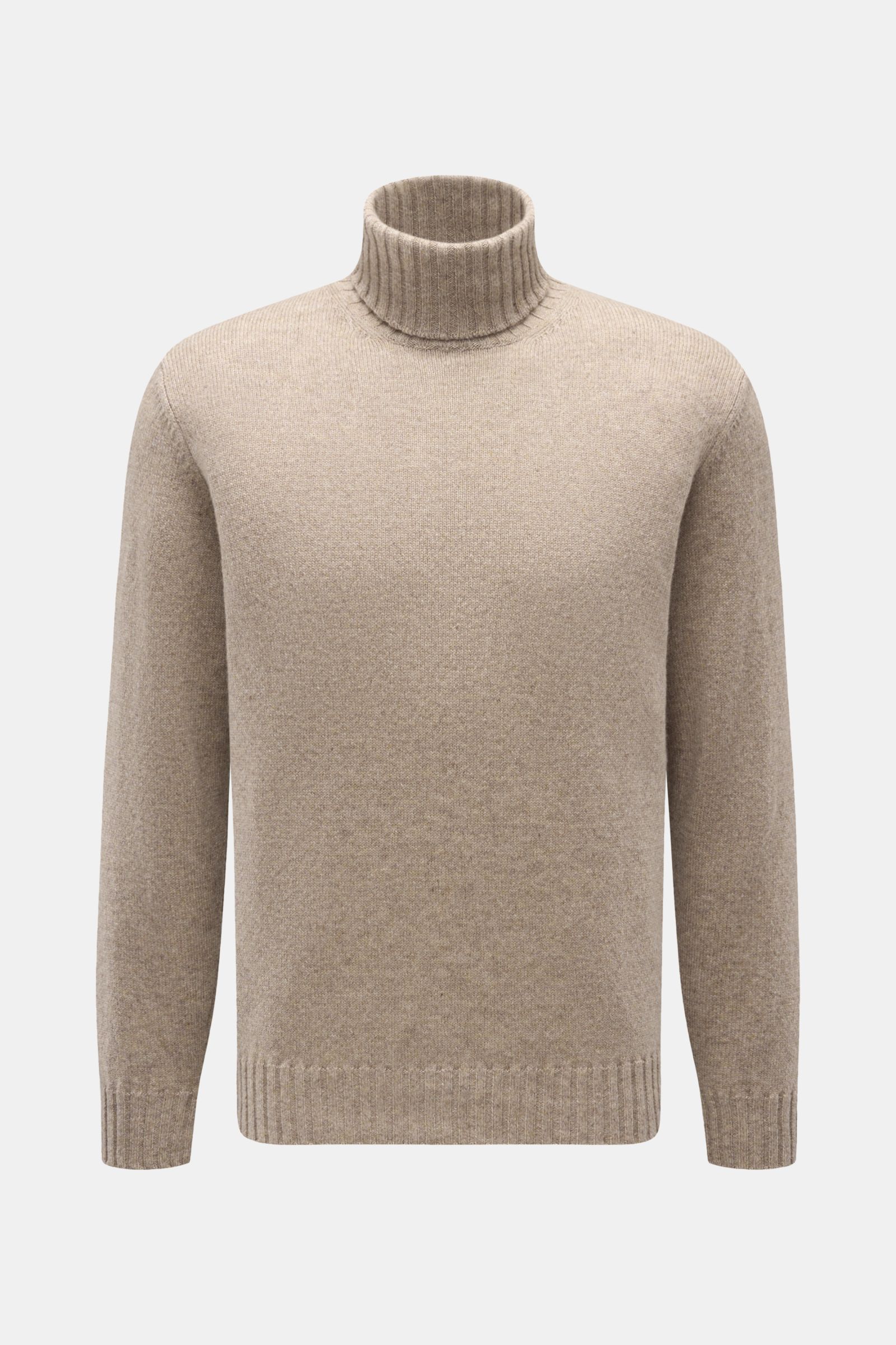 Front view of Filippo de Laurentiis Cashmere Rollkragenpullover beige meliert, a luxurious 100% cashmere turtleneck sweater with soft touch, fine knit, regular fit, ribbed turtleneck, and flexible ribbed cuffs. Luxuriöser Strick für Herbst und Winter: 