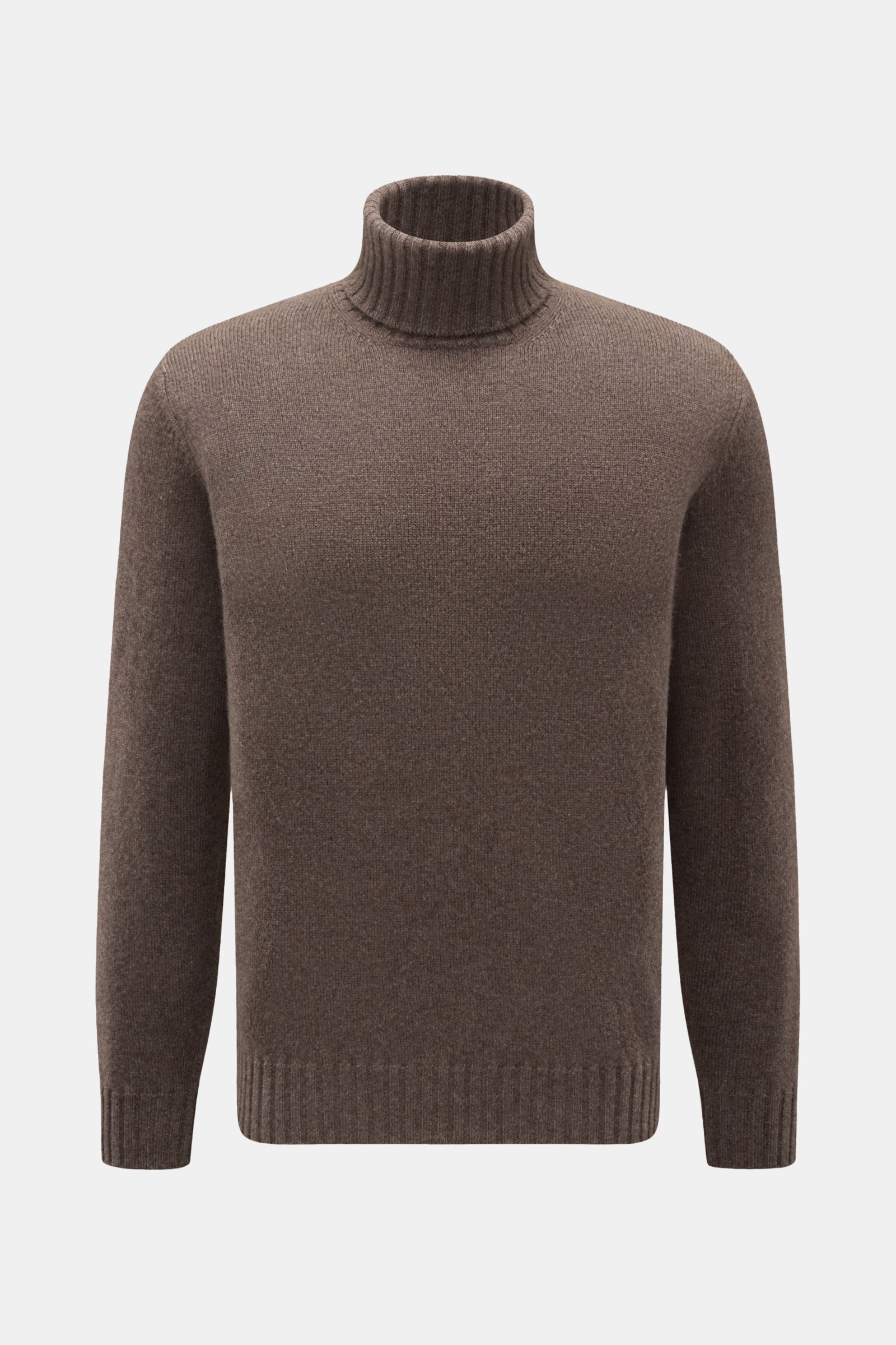 Front view of the Filippo de Laurentiis Cashmere Rollkragenpullover graubraun meliert, a luxurious grey-brown marl turtleneck sweater made from 100% cashmere with a soft touch, fine knit texture, regular fit, ribbed turtleneck, and flexible ribbed cuffs. 