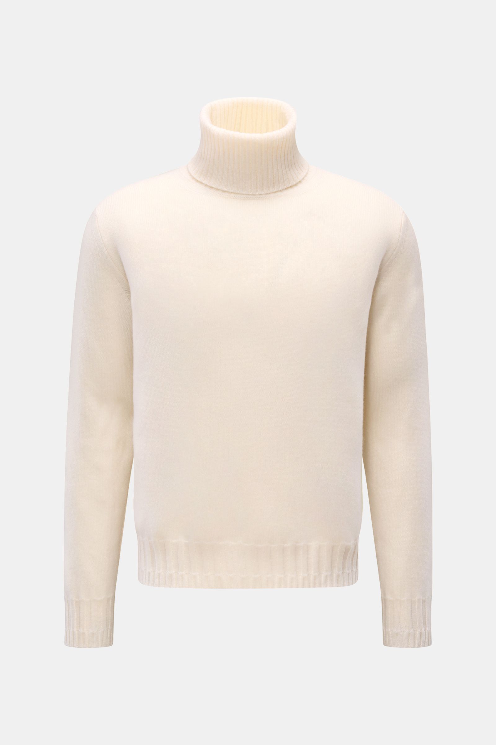 Lunaria Cashmere Cashmere Rollkragenpullover creme in Frontansicht, Slim Fit, mittelfeines Strickbild, weicher Griff, Rippkragen und Rippbündchen.
