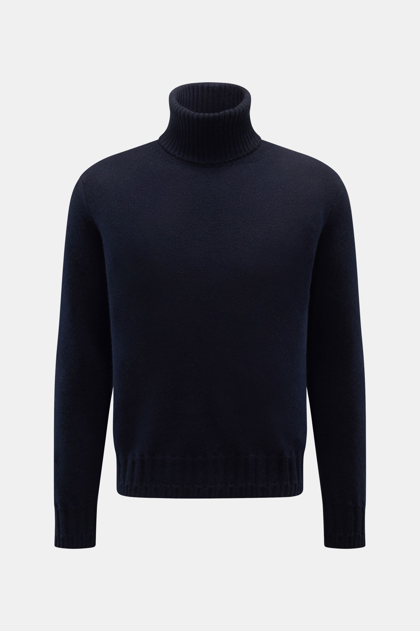 Front view of the Lunaria Cashmere Cashmere Rollkragenpullover navy, a slim fit, pure cashmere turtleneck sweater with soft texture, ribbed collar, and cuffs offering maximum comfort and warmth. Maximalen Komfort und Wärme bietet der besonders weiche R