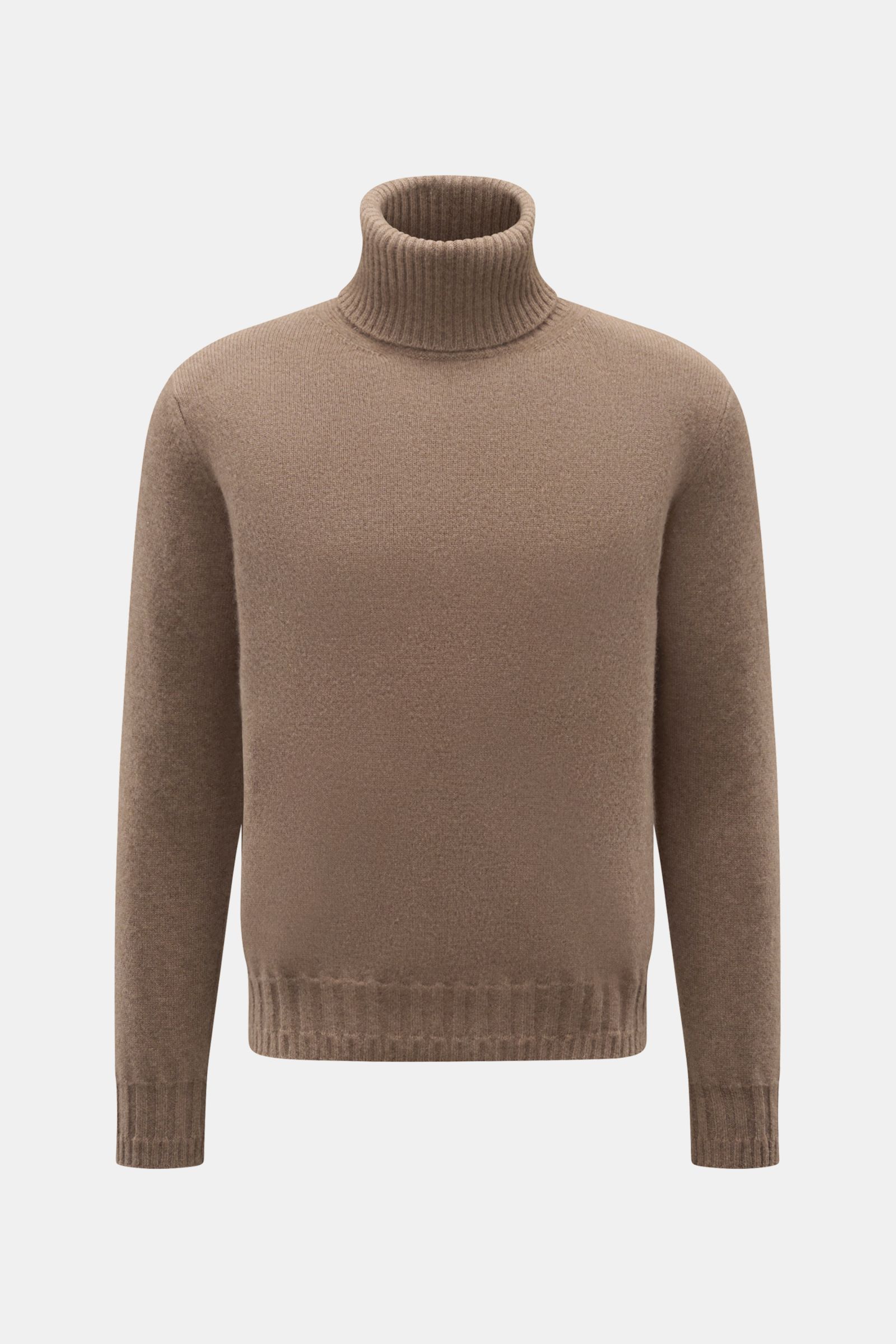 Lunaria Cashmere Cashmere Rollkragenpullover graubraun, frontal fotografiert, Slim Fit, weicher Griff, mittelfeines Strickbild, Rippstrick-Rollkragen und Rippbündchen für Komfort.