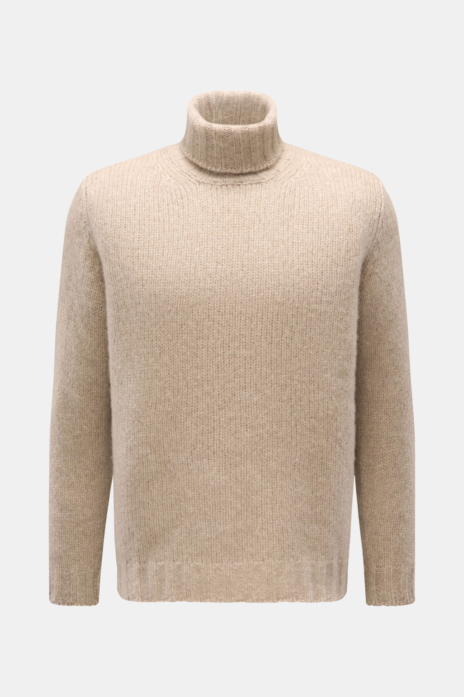 Fedeli Rollkragenpullover 'Derby' beige meliert, Frontansicht, grobes Strickbild, Regular Fit, Mix aus Cashmere und Seide, weicher Griff, Rippbündchen, Rollkragen.