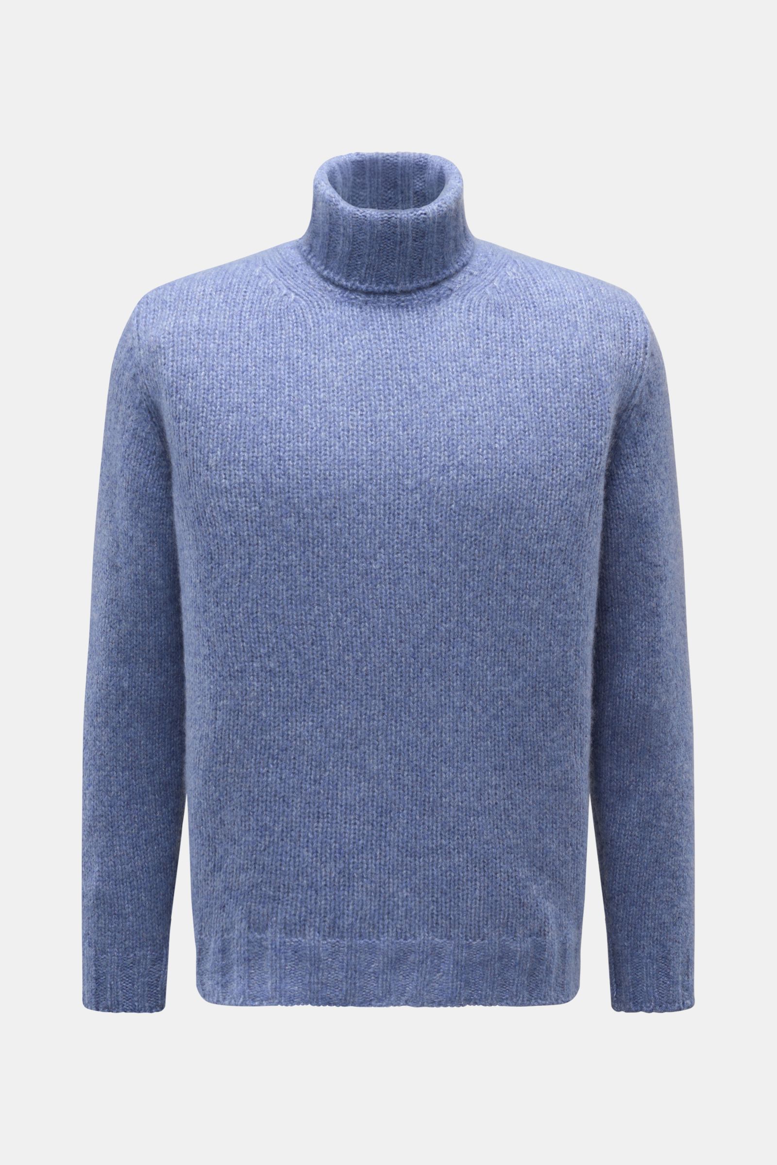Front view of the Fedeli Rollkragenpullover 'Derby' rauchblau meliert, a regular fit turtleneck sweater with a mix of cashmere and silk, very soft voluminous feel, coarse knit texture, and comfortable ribbed cuffs.