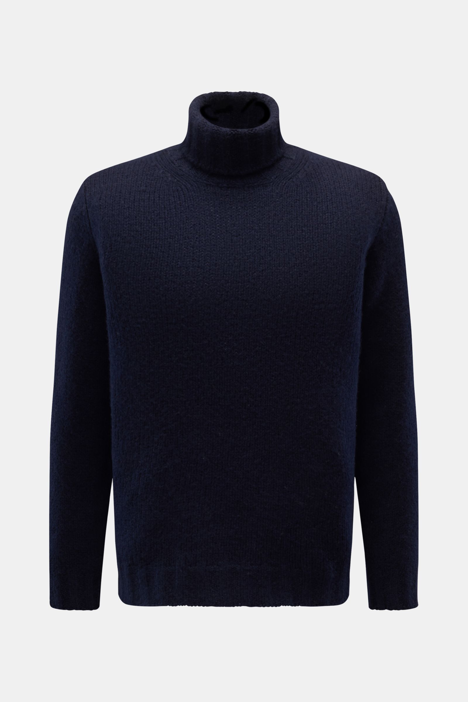 Front view of Fedeli Rollkragenpullover 'Derby' navy, a turtleneck sweater with a mix of cashmere and silk, very soft, voluminous feel, coarse knit pattern, regular fit, turtleneck, and comfortable ribbed cuffs.