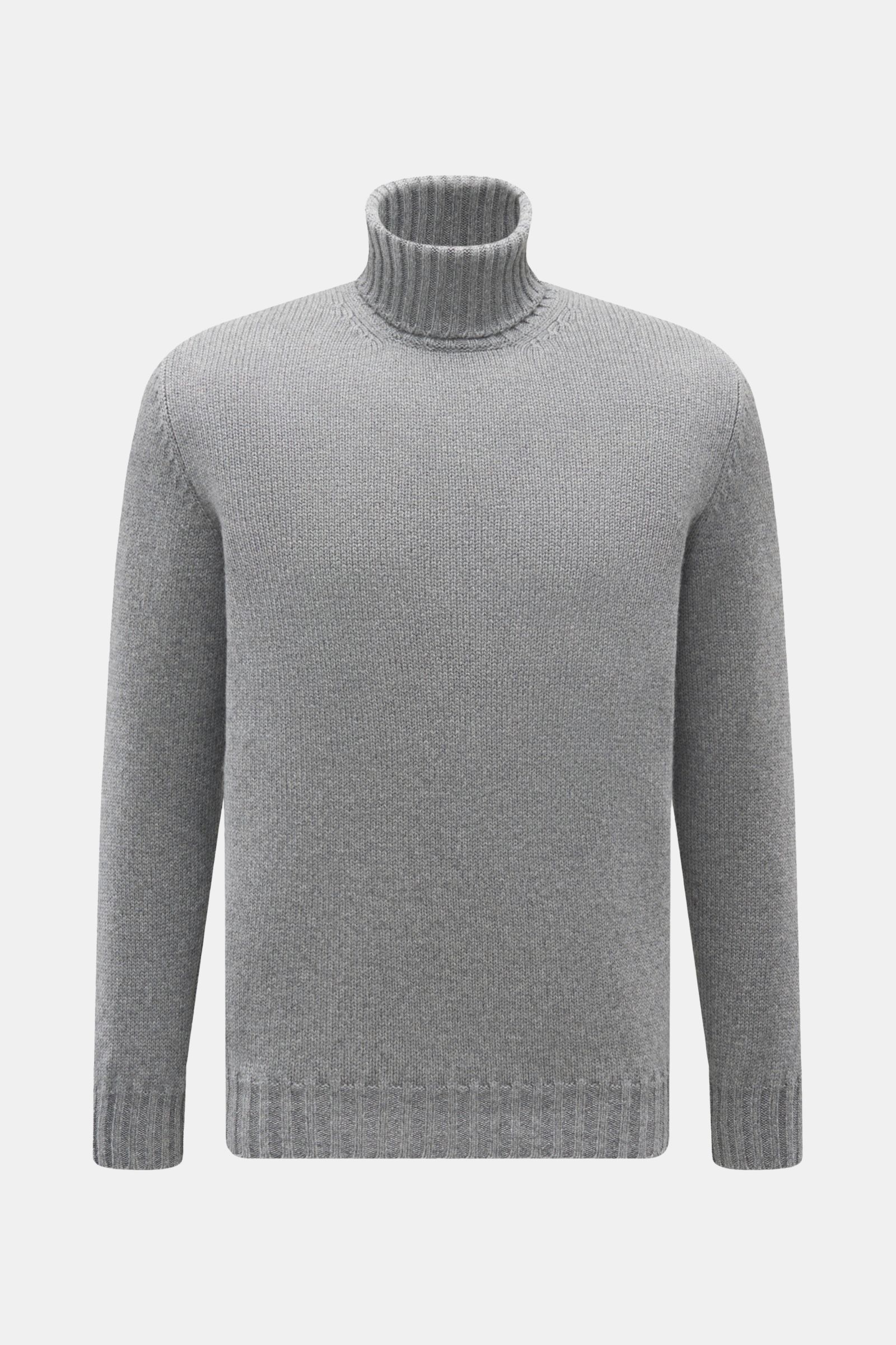Fedeli Cashmere Rollkragenpullover grau meliert, frontal fotografiert, Slim Fit, mittelfeines Strickbild, weicher Griff, reiner Cashmere, Rippstrick-Rollkragen, flexible Rippbündchen.