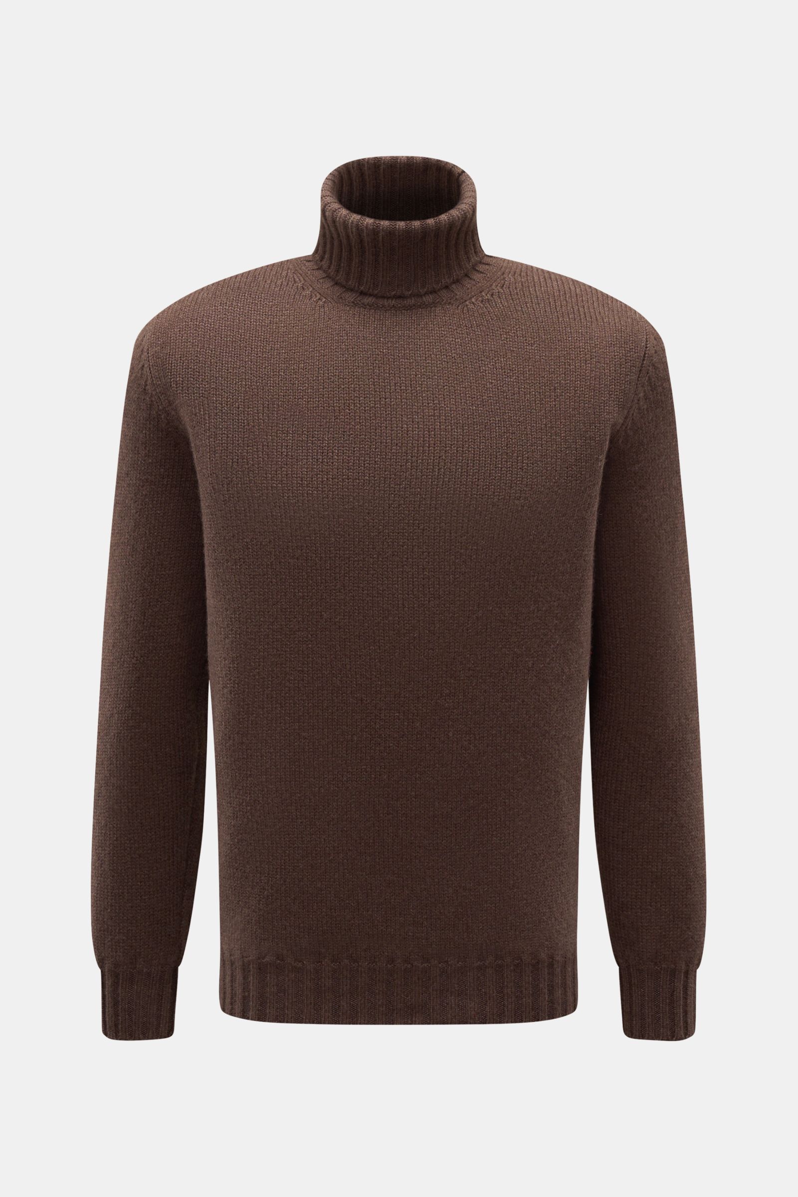 Fedeli Cashmere Rollkragenpullover dunkelbraun shown from the front on a white background; stylish, slim fit with ribbed turtleneck and cuffs, made of pure soft cashmere with a medium-fine knit texture for comfortable autumn and winter wear. Stilvoll d