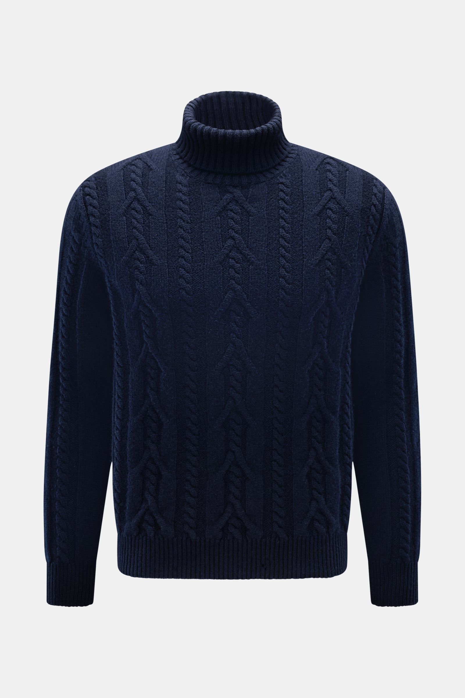 Front view of the Fedeli Cashmere Rollkragenpullover 'Moena' navy, a slim fit winter sweater with a high ribbed turtleneck and chunky cable-knit pattern in pure cashmere, soft touch, ribbed cuffs, combining Italian craftsmanship and urban elegance.