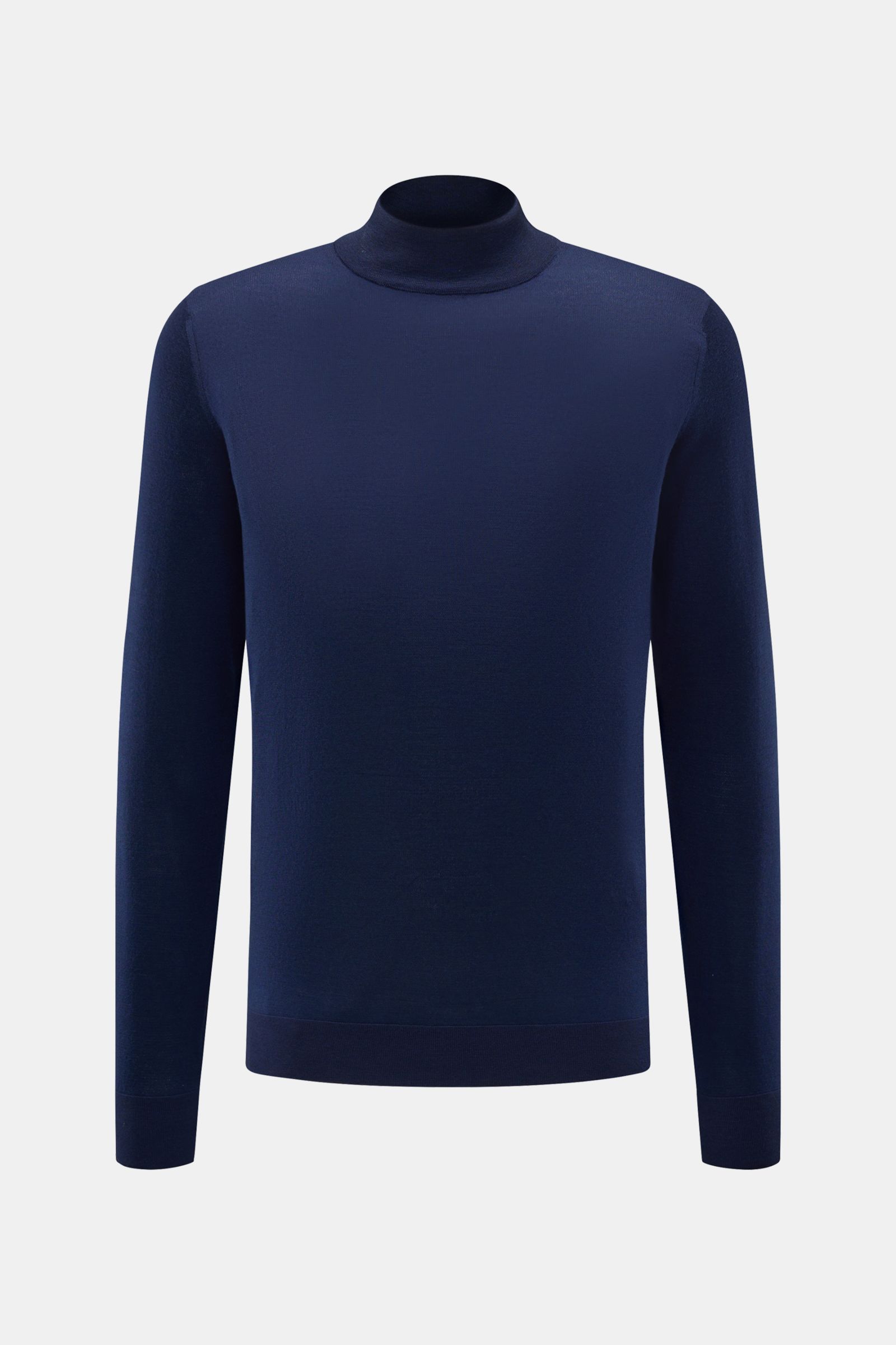 Colombo Cashmere Mock Neck Pullover navy, fein gestrickt, Slim Fit mit Stehkragen und Rippbündchen, frontal fotografiert, reiner Cashmere, weicher Griff.