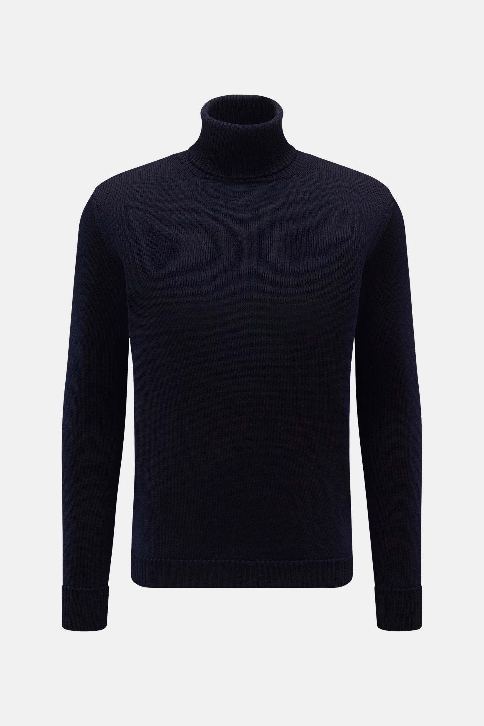 B.F. Knitwear Merino Rollkragenpullover navy, frontal fotografiert, Slim Fit, weiche Merinowolle, mittelfeines Strickbild, anliegender Rollkragen, Rippbündchen.