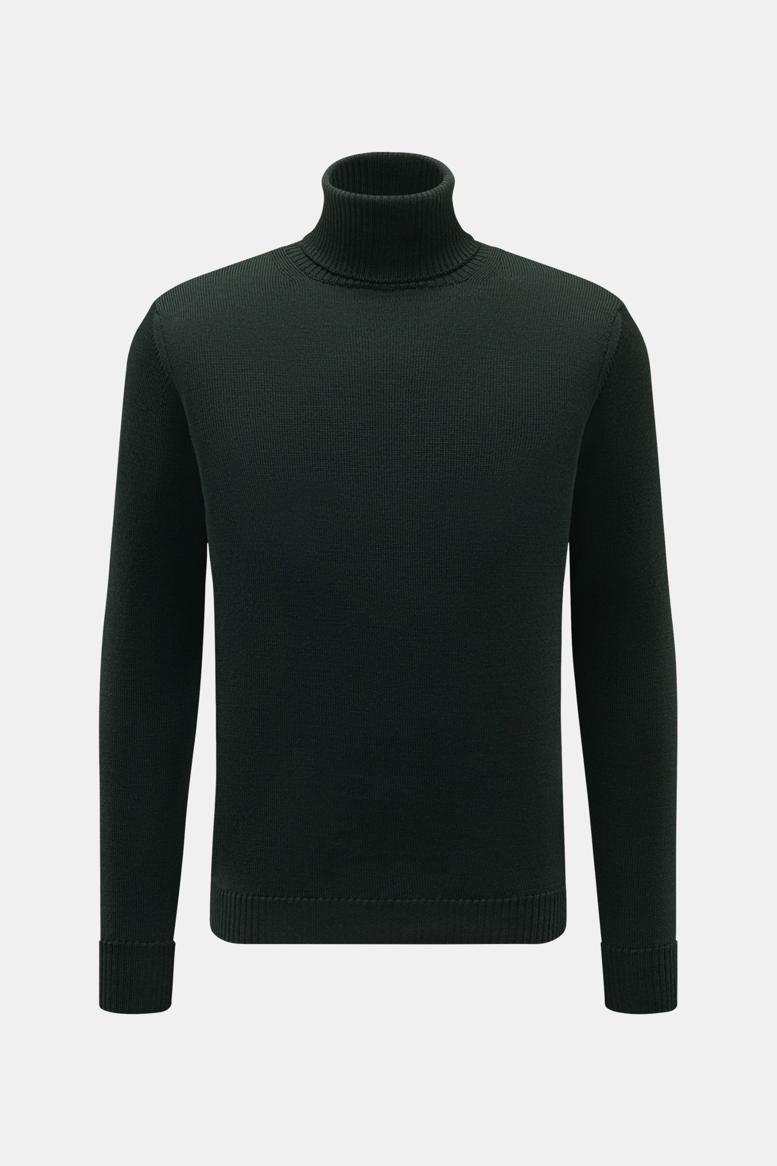 B.F. Knitwear Merino Rollkragenpullover dunkelgrün, Slim Fit, aus reiner Merinowolle mit weichem Griff, mittelfeinem Strickbild, Rippbündchen, frontal fotografiert.