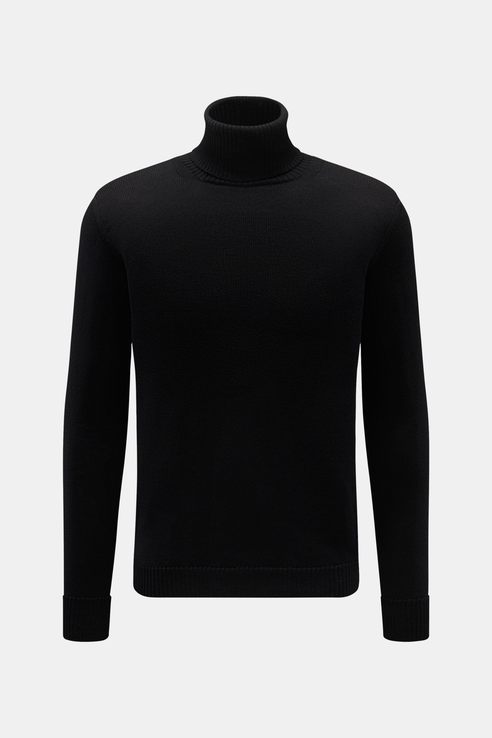 B.F. Knitwear Merino Rollkragenpullover schwarz, Slim Fit, weiche Merinowolle, mittelfeines Strickbild, anliegender Rollkragen, Rippbündchen, frontale Perspektive.