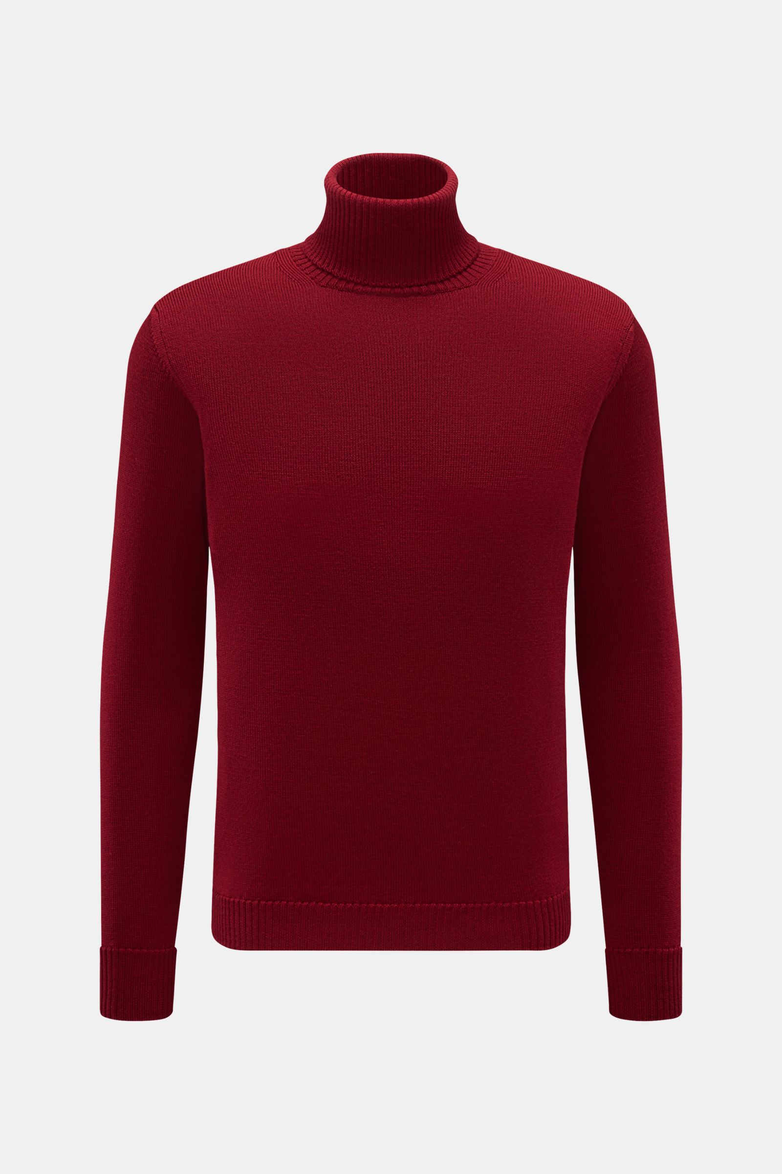 B.F. Knitwear Merino Rollkragenpullover dunkelrot, Slim Fit, reine Merinowolle, weicher Griff, mittelfeines Strickbild, Frontansicht, Rollkragen, Rippbündchen.